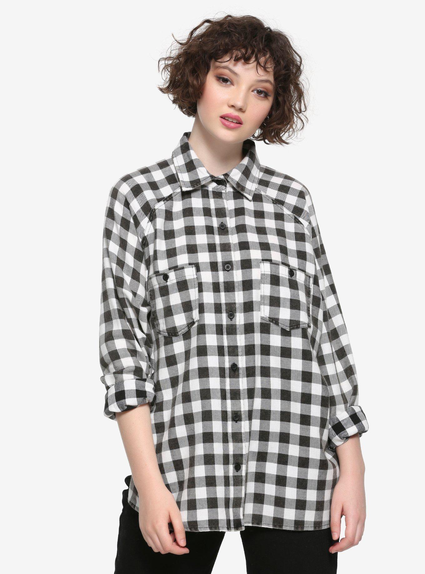 Black & White Check Girls Oversized Button-Up Flannel, BLACK, hi-res