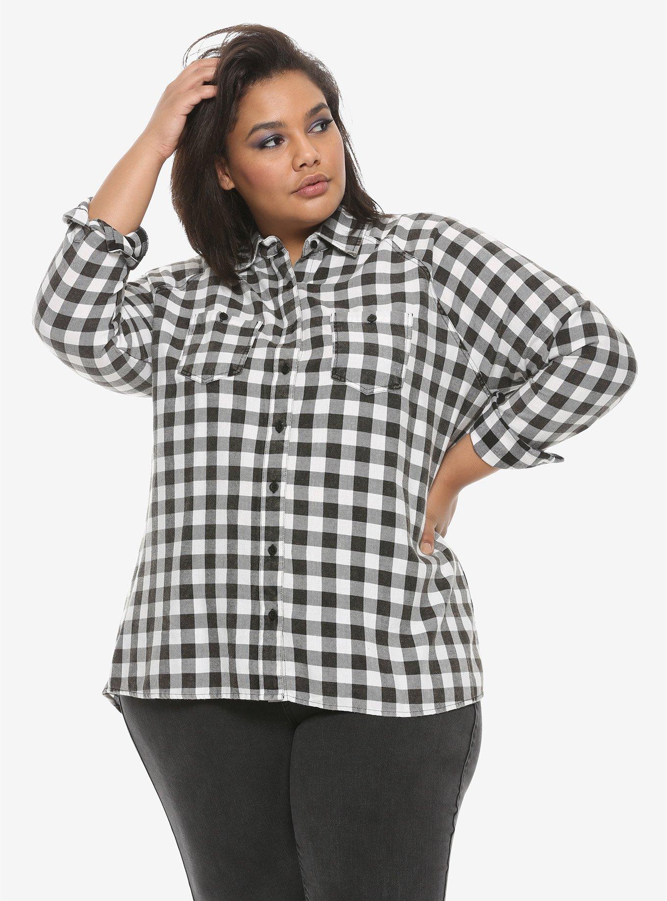 Black & White Check Girls Oversized Button-Up Flannel Plus Size | Hot Topic