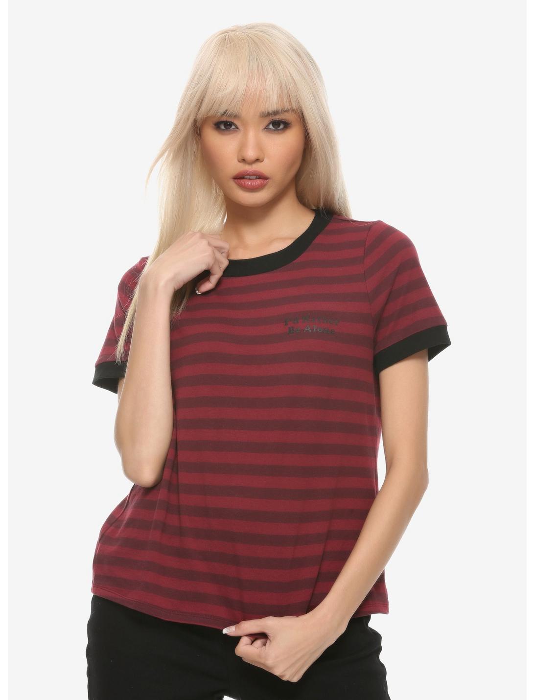 I'd Rather Be Alone Burgundy Stripe Girls T-Shirt, BURGUNDY, hi-res
