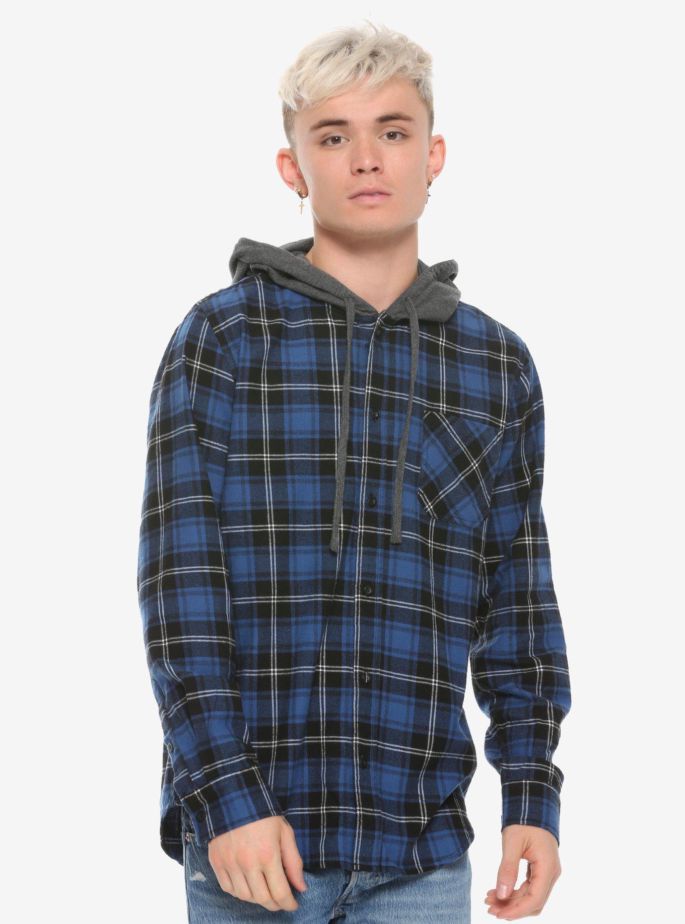 Blue Plaid Hooded Flannel Long-Sleeve Woven Button-Up, BLUE, hi-res