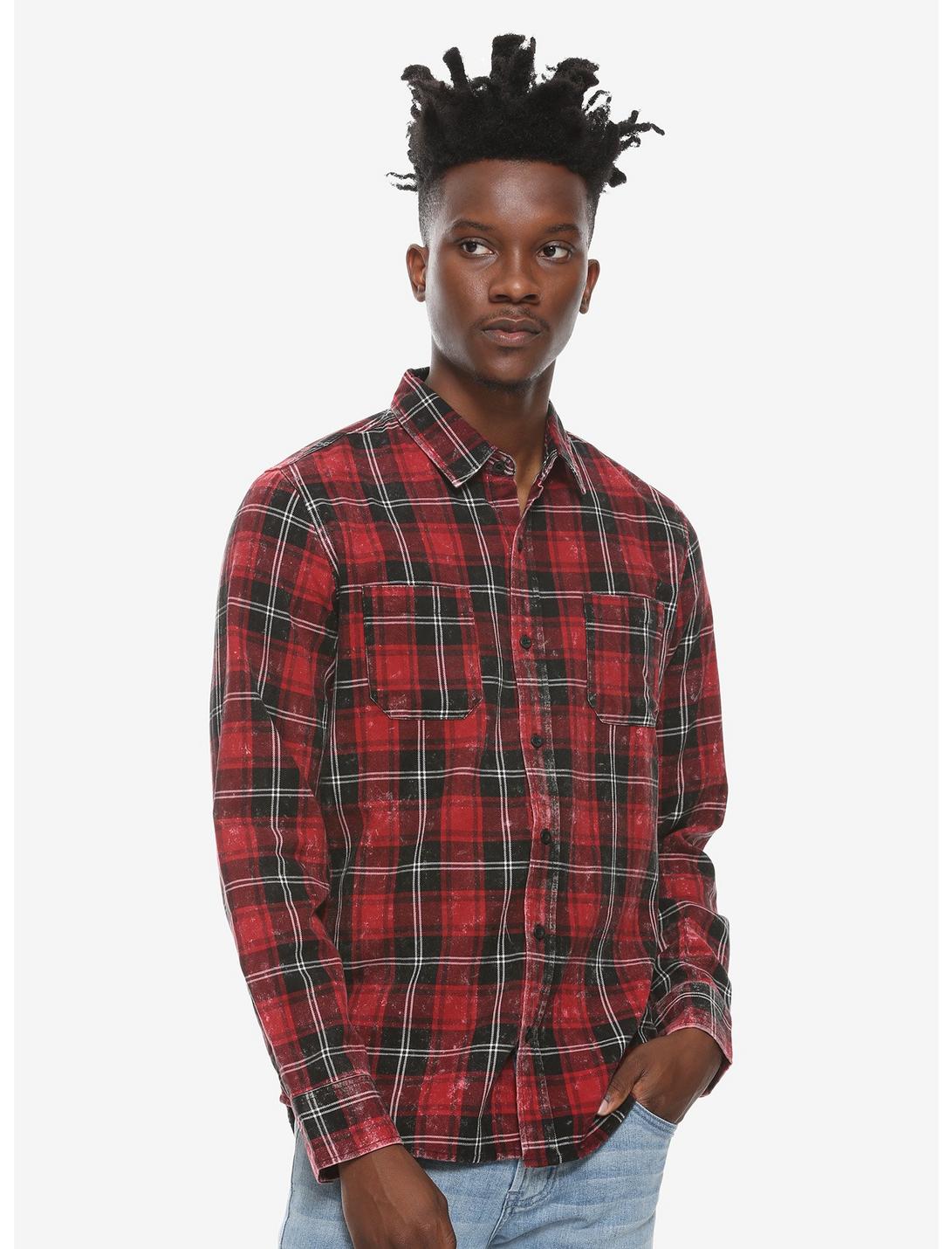 Distressed Red Plaid Woven Button-Up, BLACK, hi-res