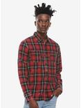 Distressed Red Plaid Woven Button-Up, BLACK, hi-res