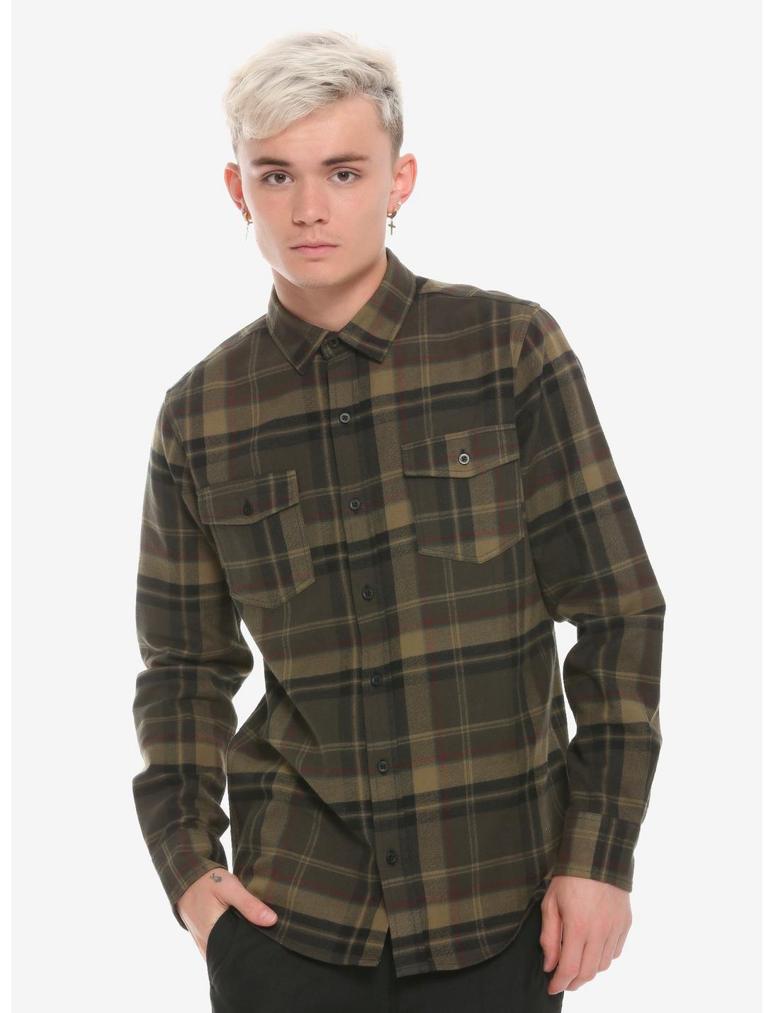 Olive Plaid Woven Button-Up, OLIVE, hi-res