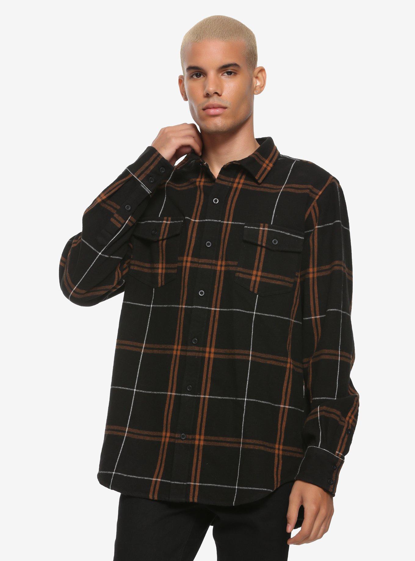 Black & Brown Plaid Woven Button-Up, ORANGE, hi-res