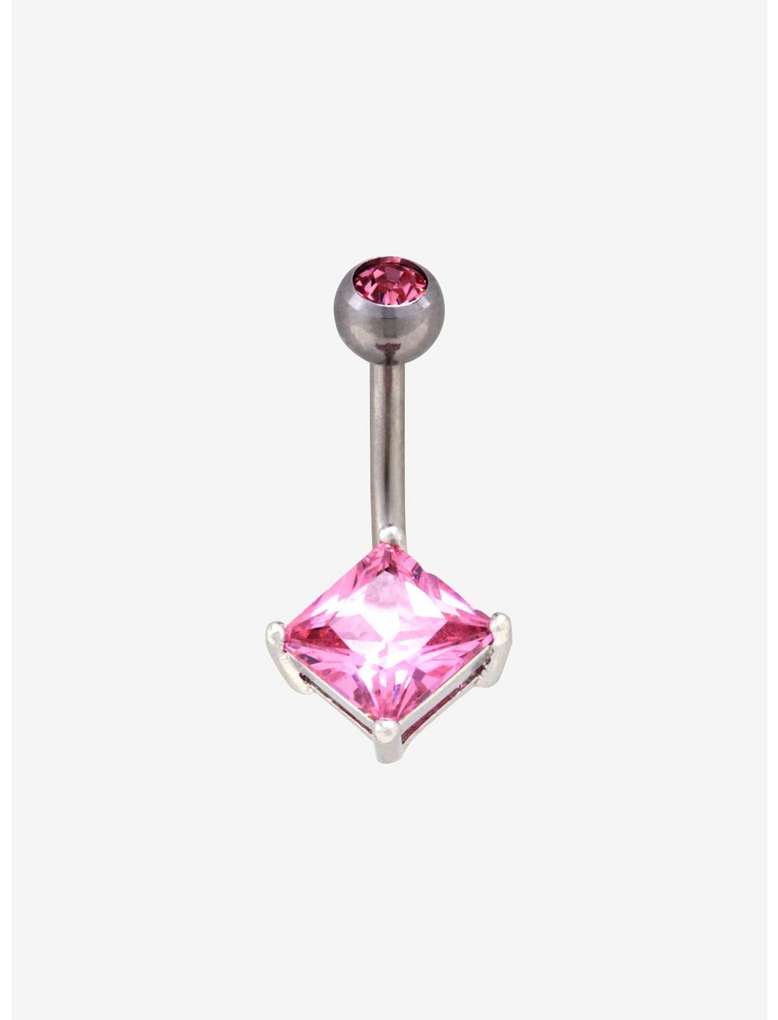 14G Steel Pink Pronged Diamond CZ Navel Barbell, , hi-res