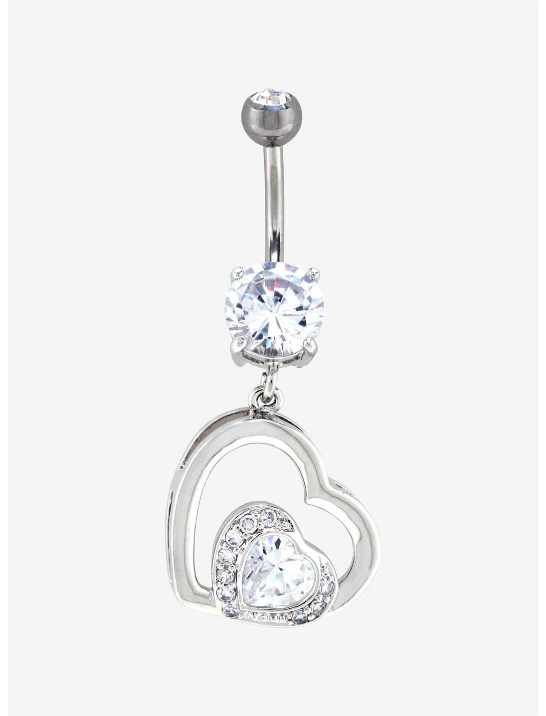 14G Steel Clear CZ Double Heart Dangle Navel Barbell, , hi-res