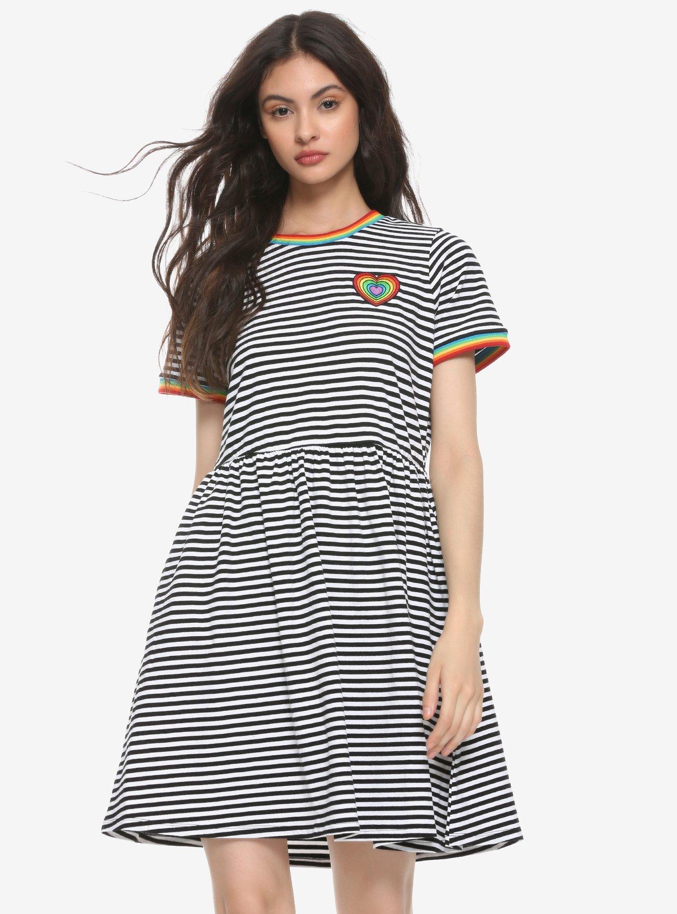 Stripe Rainbow Ringer Dress, BLACK-WHITE STRIPE, hi-res