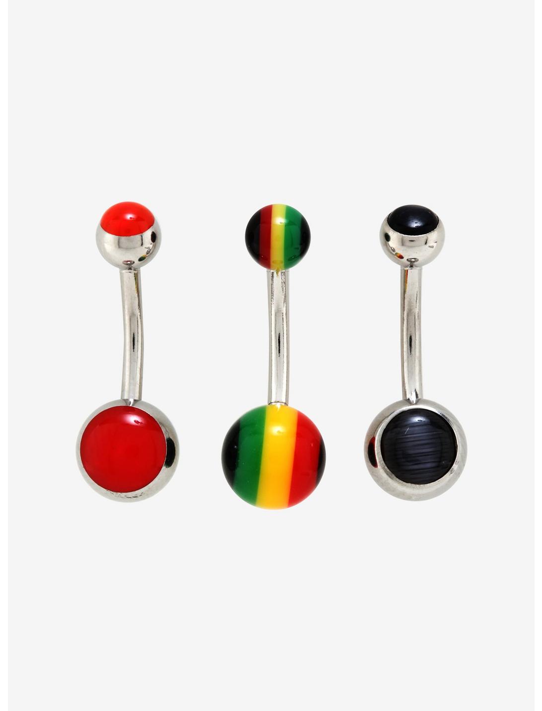 14G Steel Red Black Green & Yellow Navel Barbell 3 Pack, , hi-res