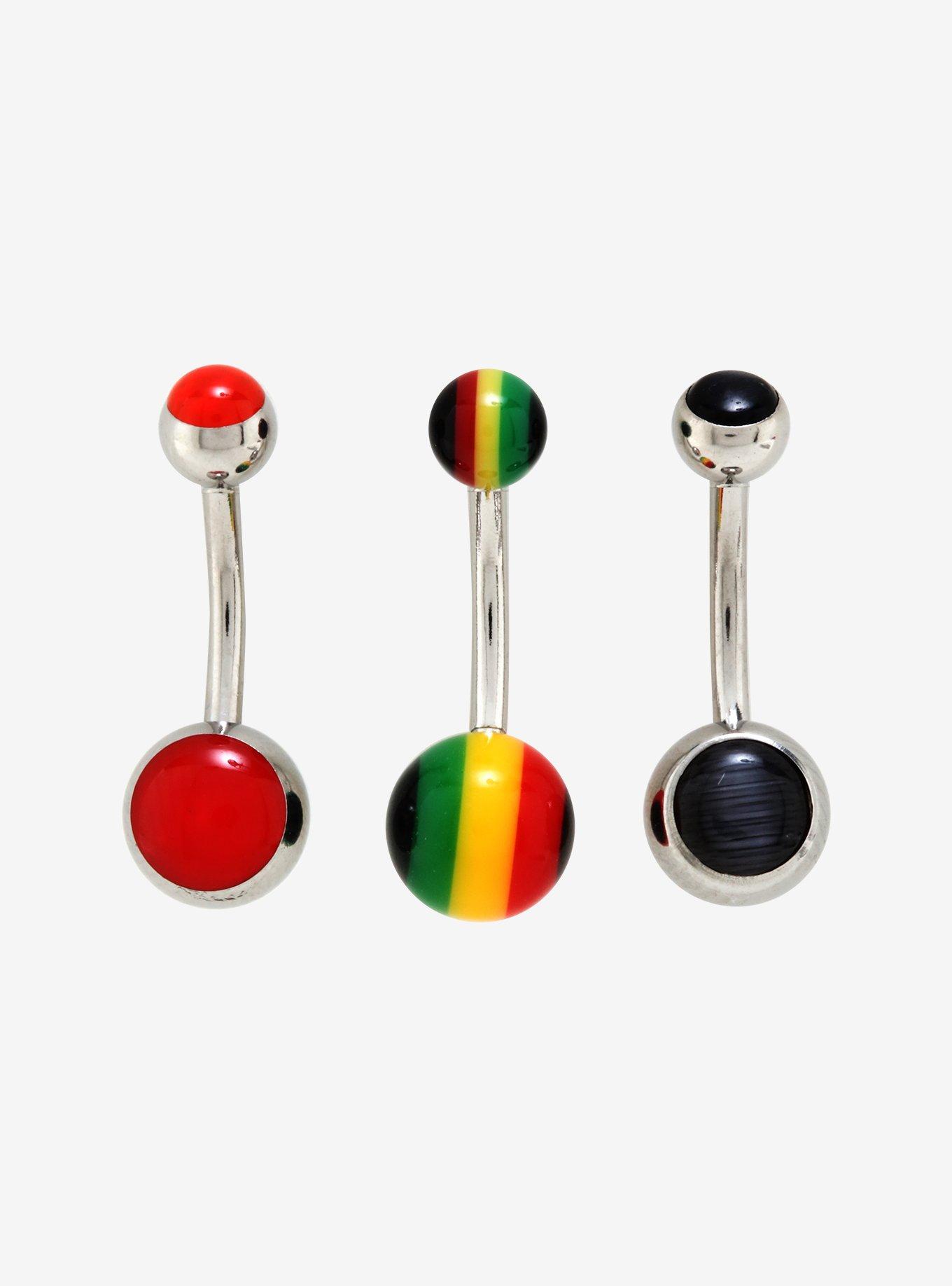14G Steel Red Black Green & Yellow Navel Barbell 3 Pack, , hi-res
