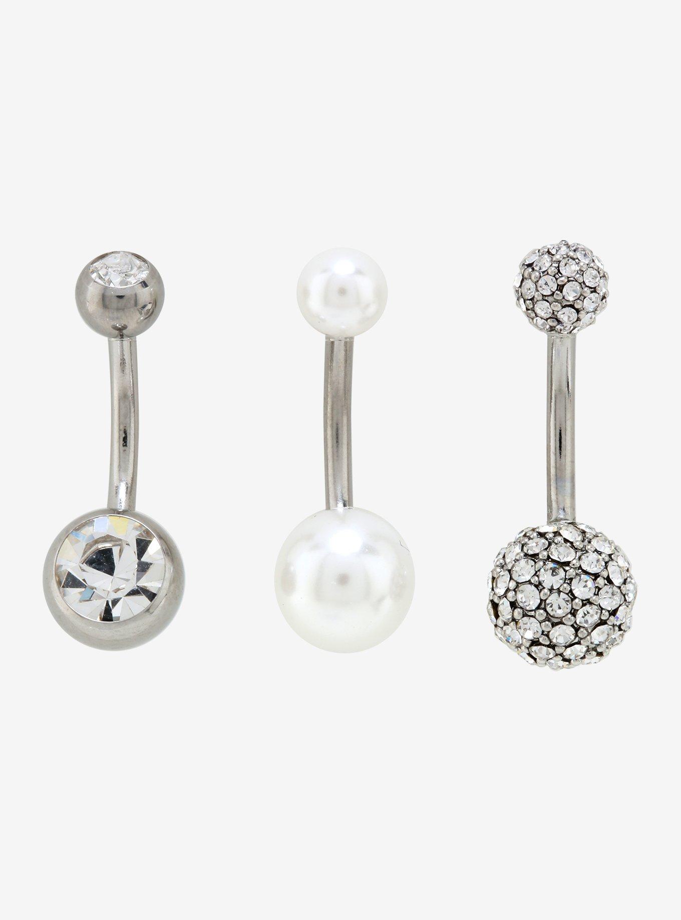 14G Steel Pearl & Clear CZ Navel Barbell 3 Pack, , hi-res