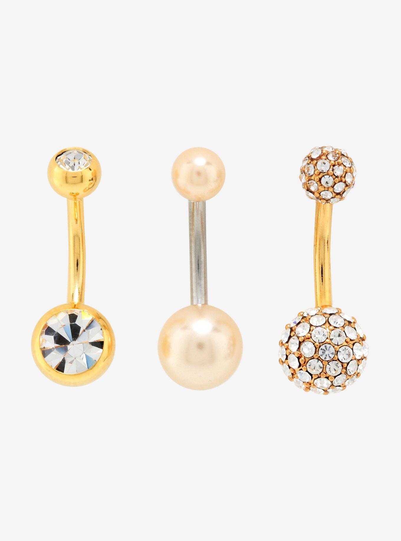 14G Steel Pearl & Clear CZ Navel Barbell 3 Pack, , hi-res