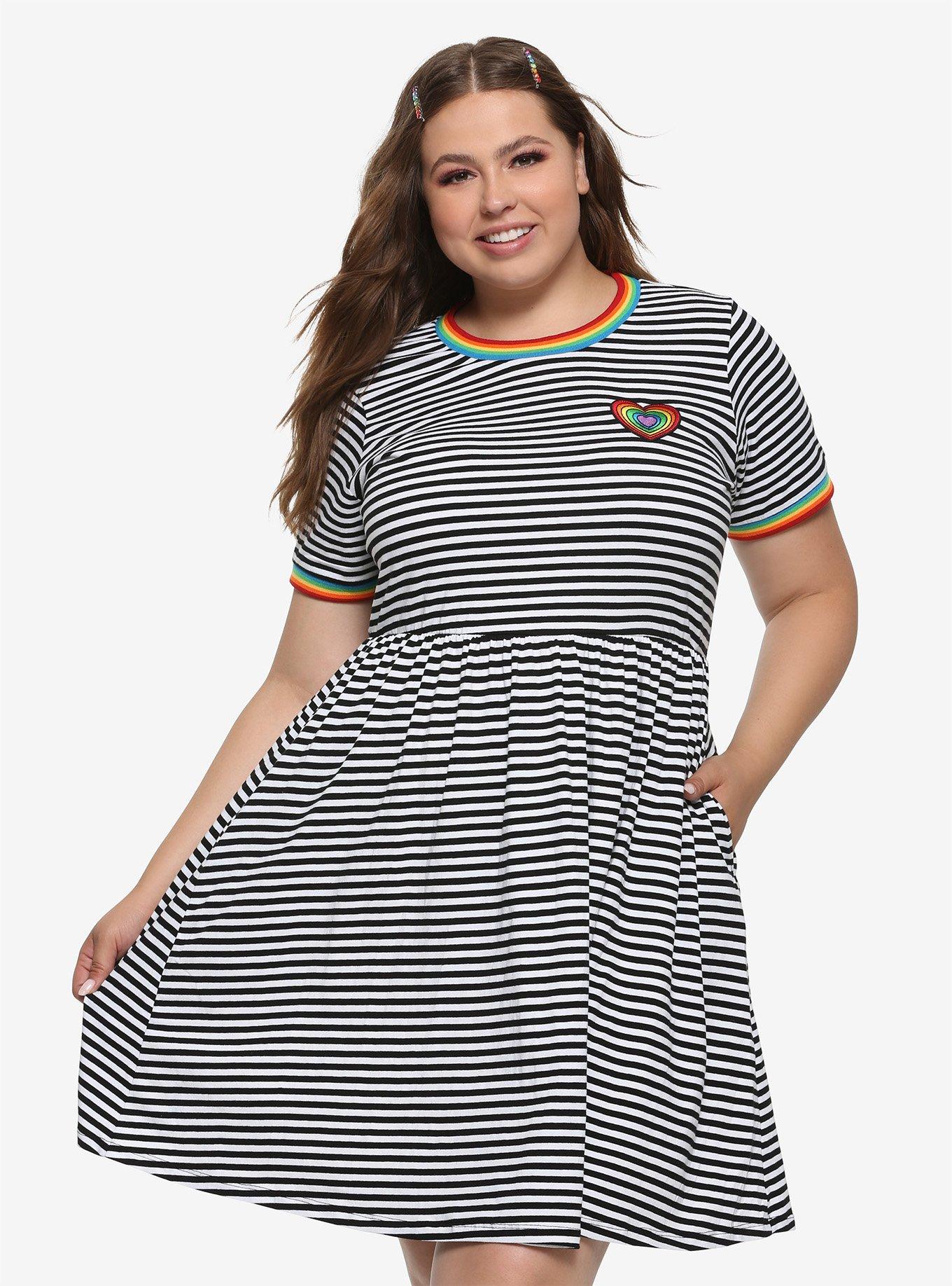 Striped Rainbow Ringer Dress Plus Size, BLACK-WHITE STRIPE, hi-res