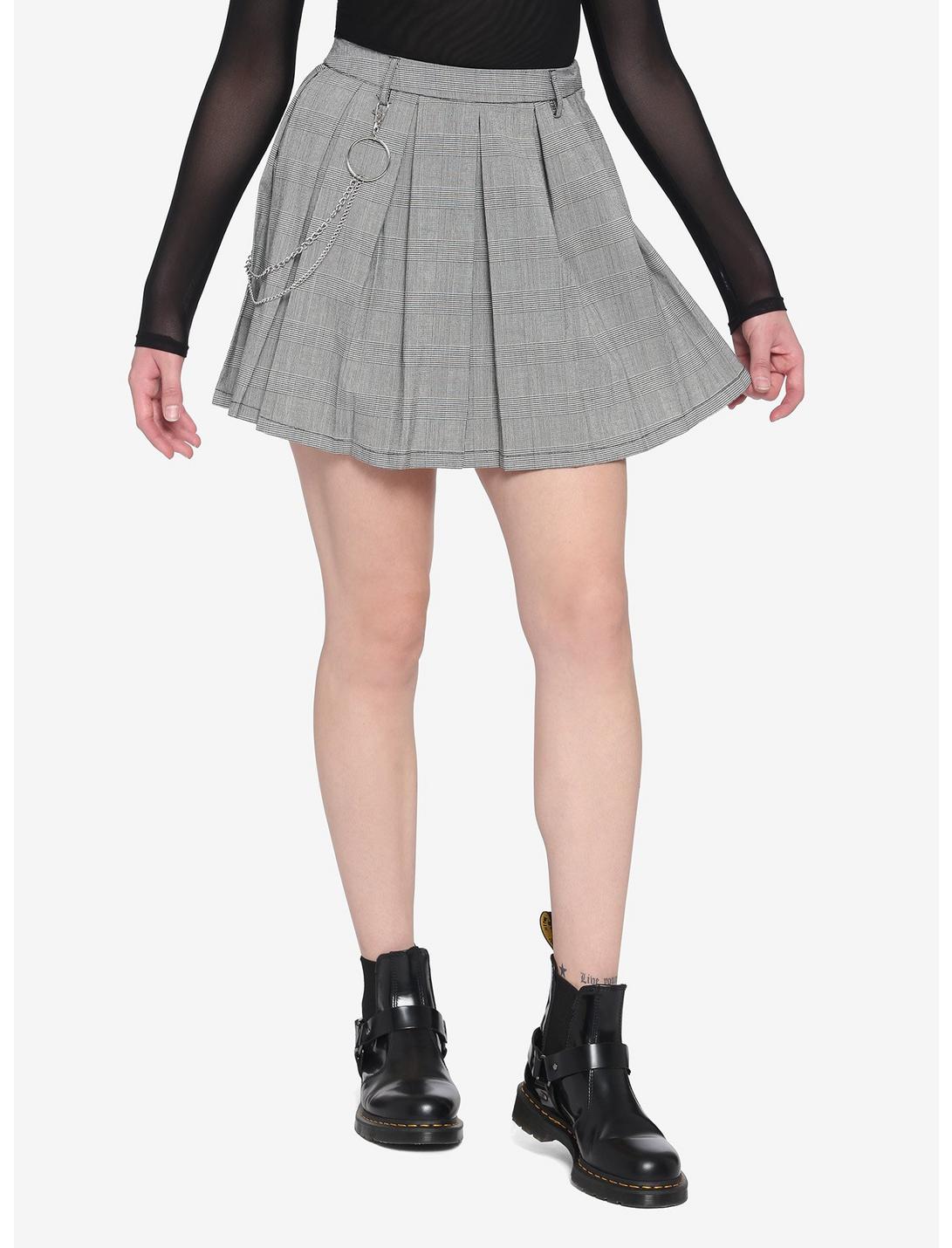 Grey Plaid Chain Pleated Skirt, PLAID - GREY, hi-res