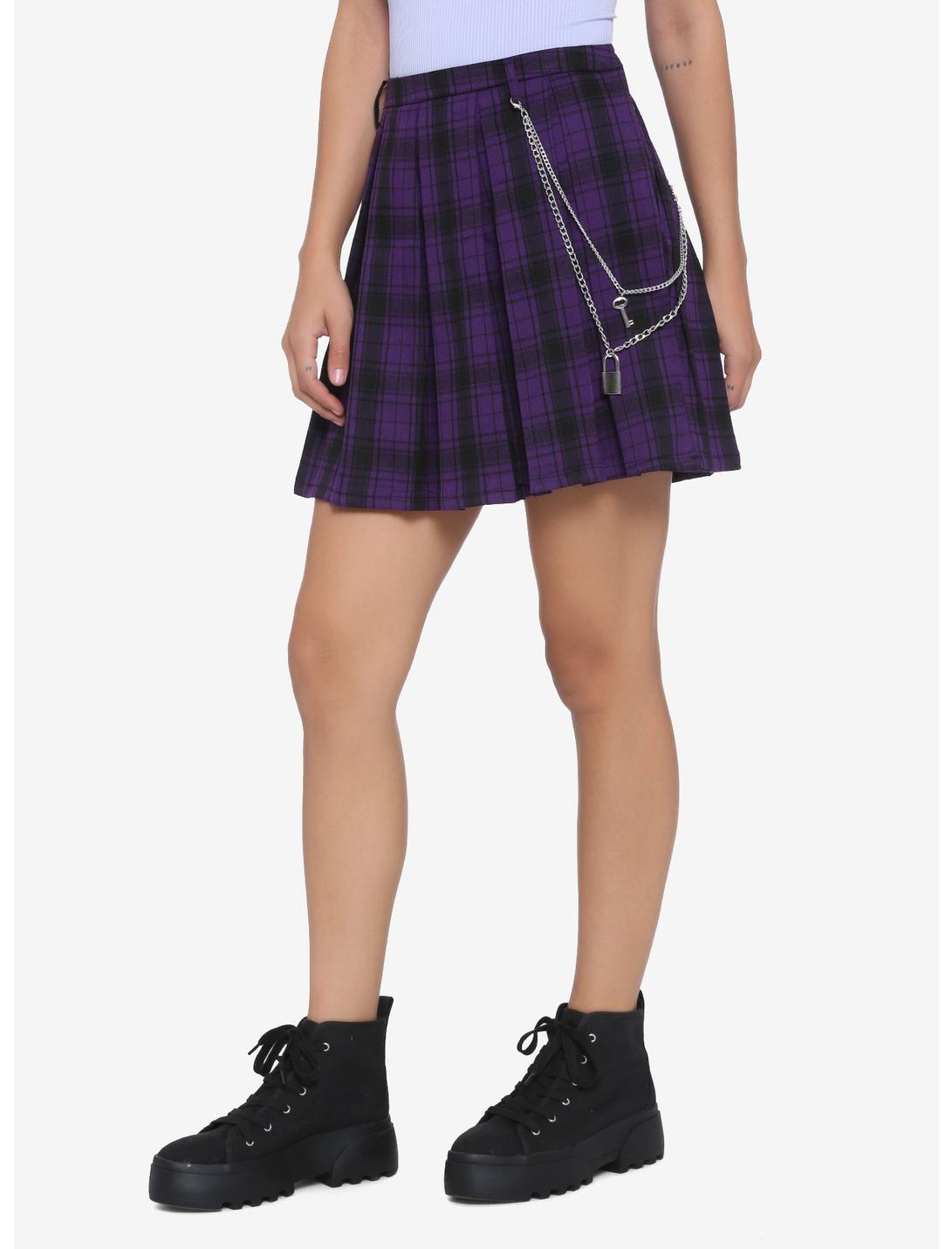 Purple Plaid Pleated Chain Skirt, , hi-res