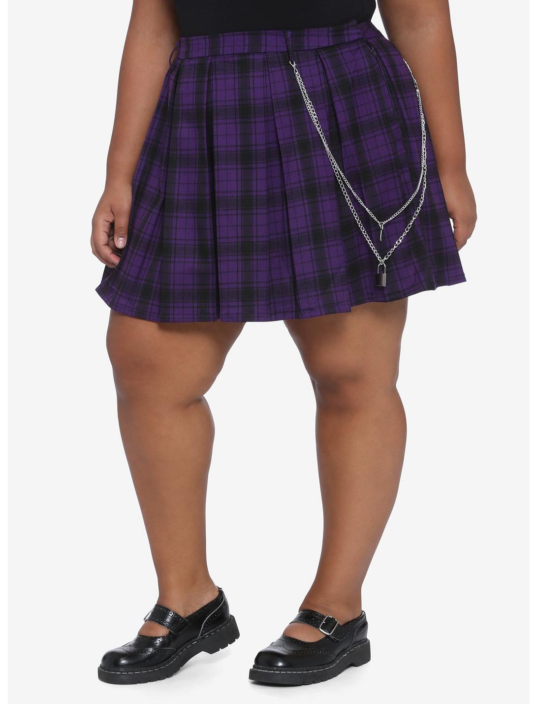 Purple Plaid Pleated Chain Skirt Plus Size, PLAID, hi-res