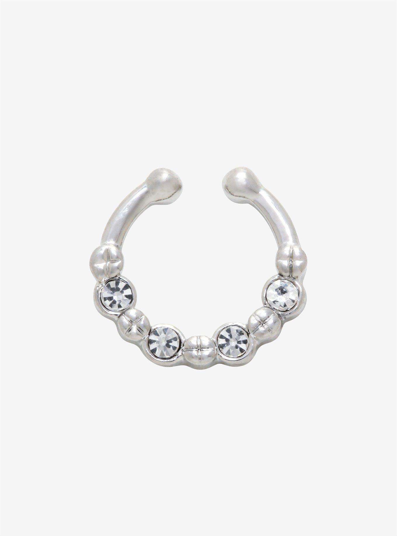 Silver Clear CZ Faux Nose Hoop, , hi-res