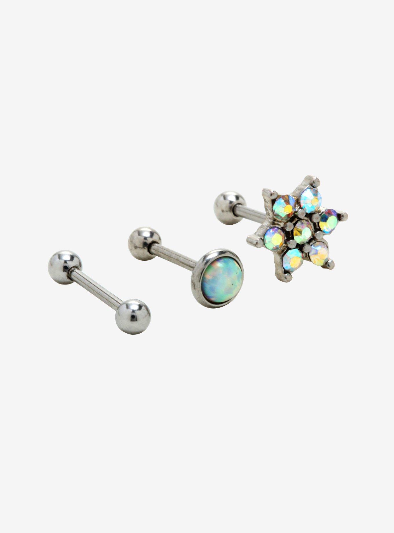 18G Steel Opal Flower Cartilage Stud 3 Pack, , hi-res