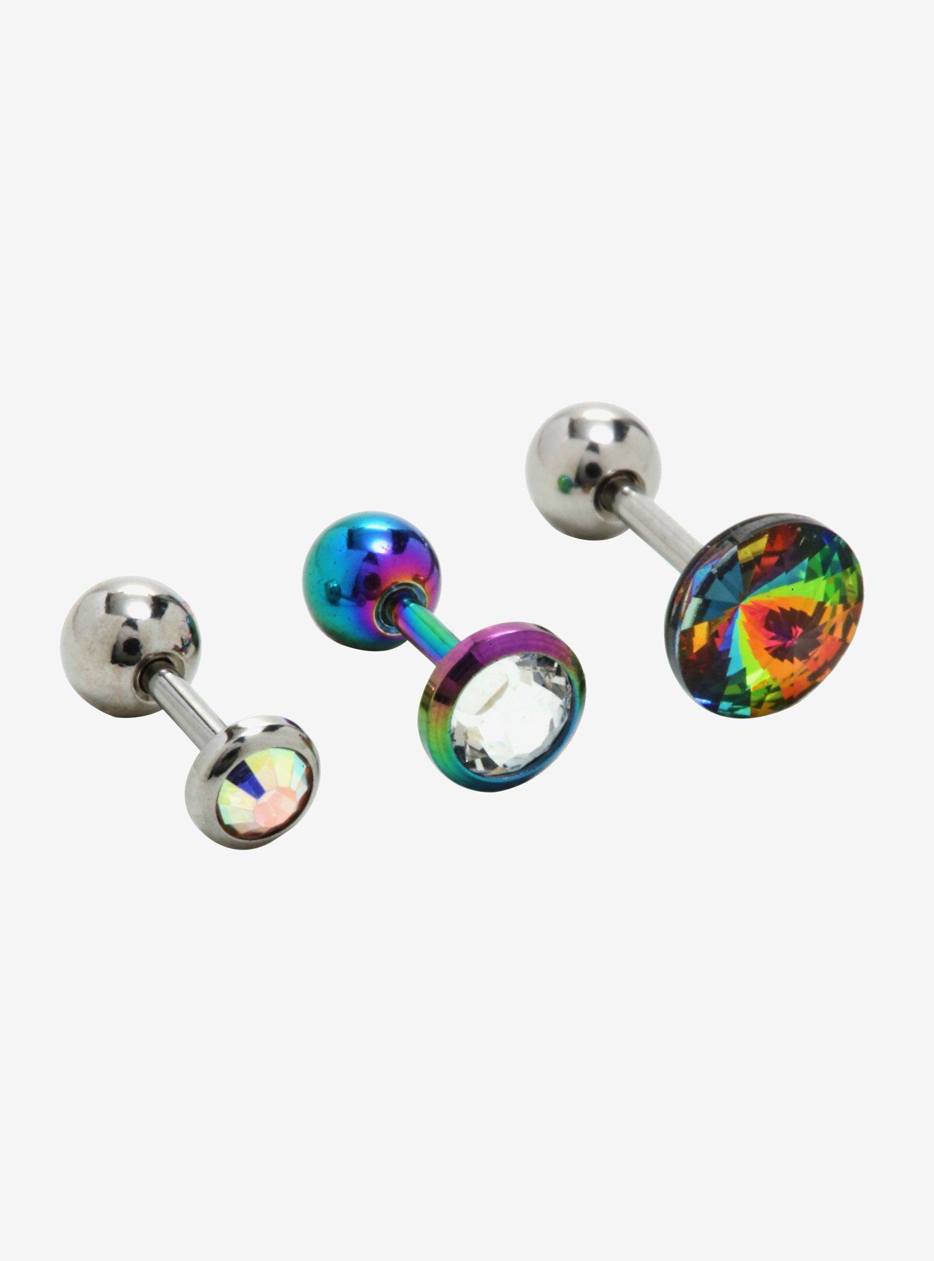 18G Steel Rainbow Iridescent Gem Cartilage Stud 3 Pack, , hi-res