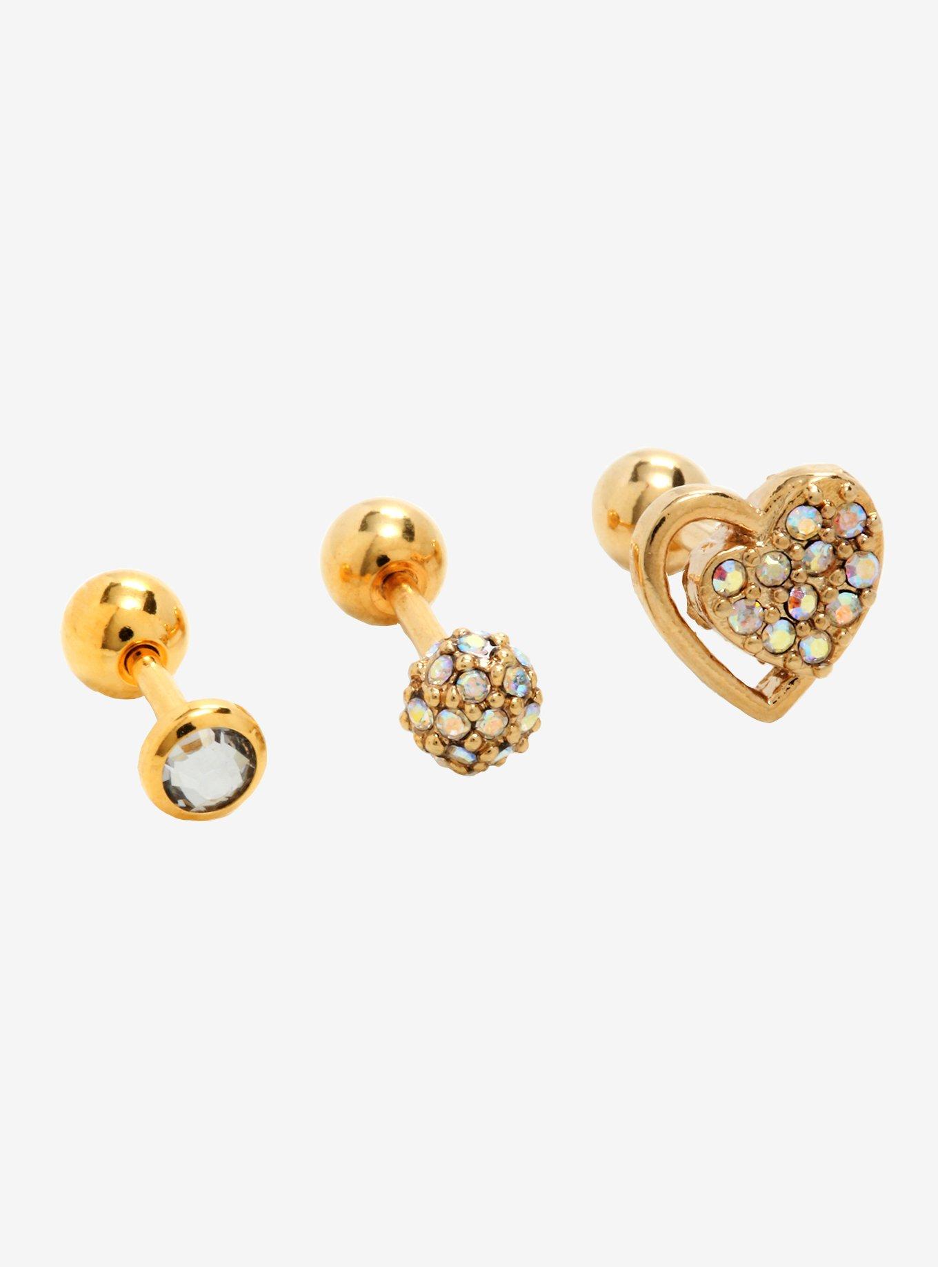 18G Steel Gold Heart Cartilage Stud 3 Pack, , hi-res