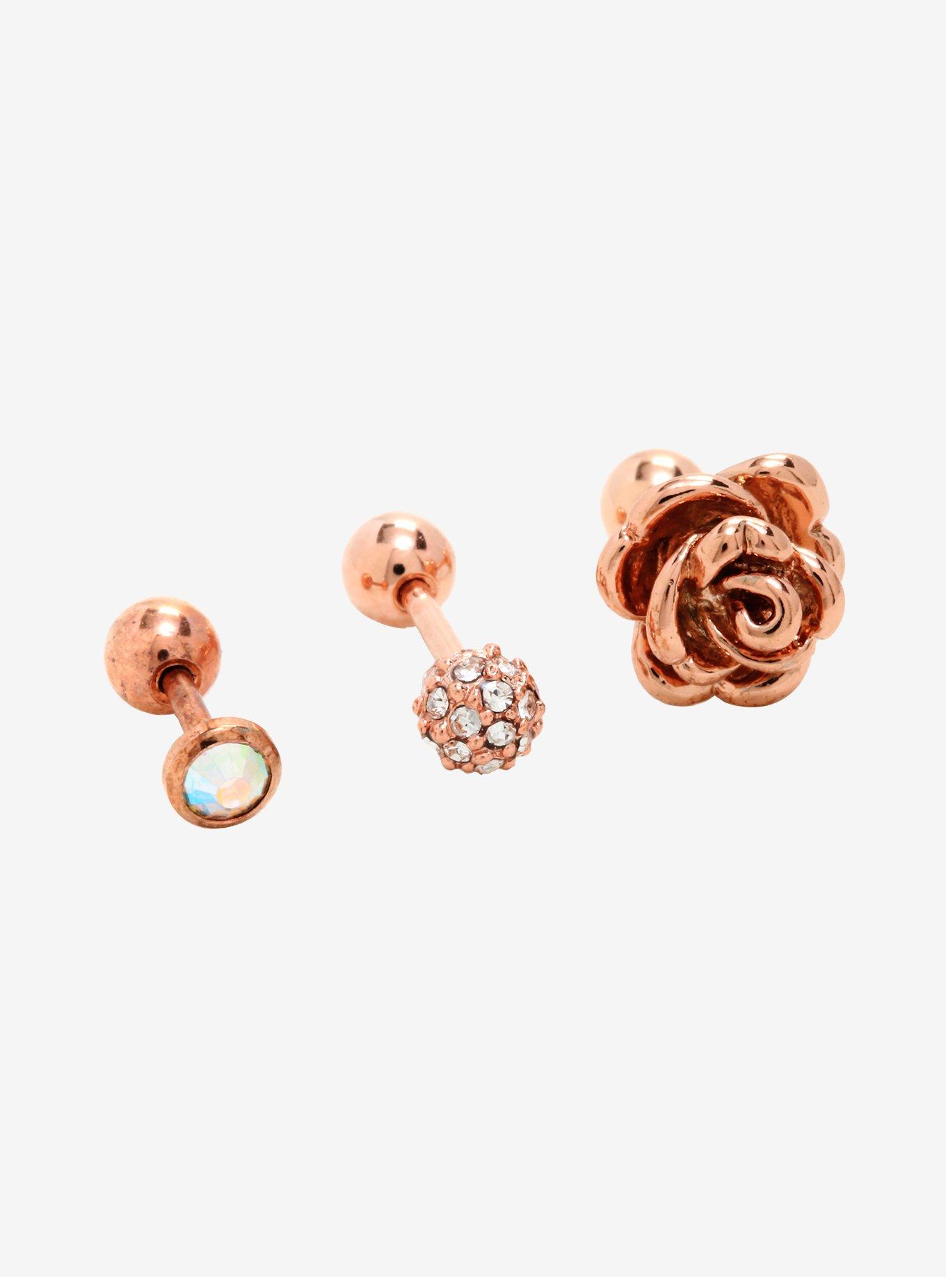 18G Steel Rose Gold Rose Cartilage Stud 3 Pack, , hi-res