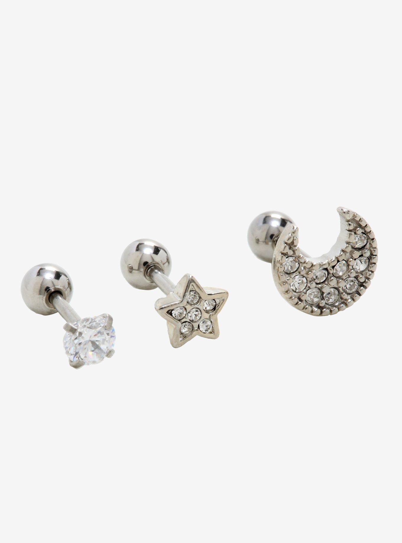 18G Steel Star & Moon Cartilage Stud 3 Pack, , hi-res