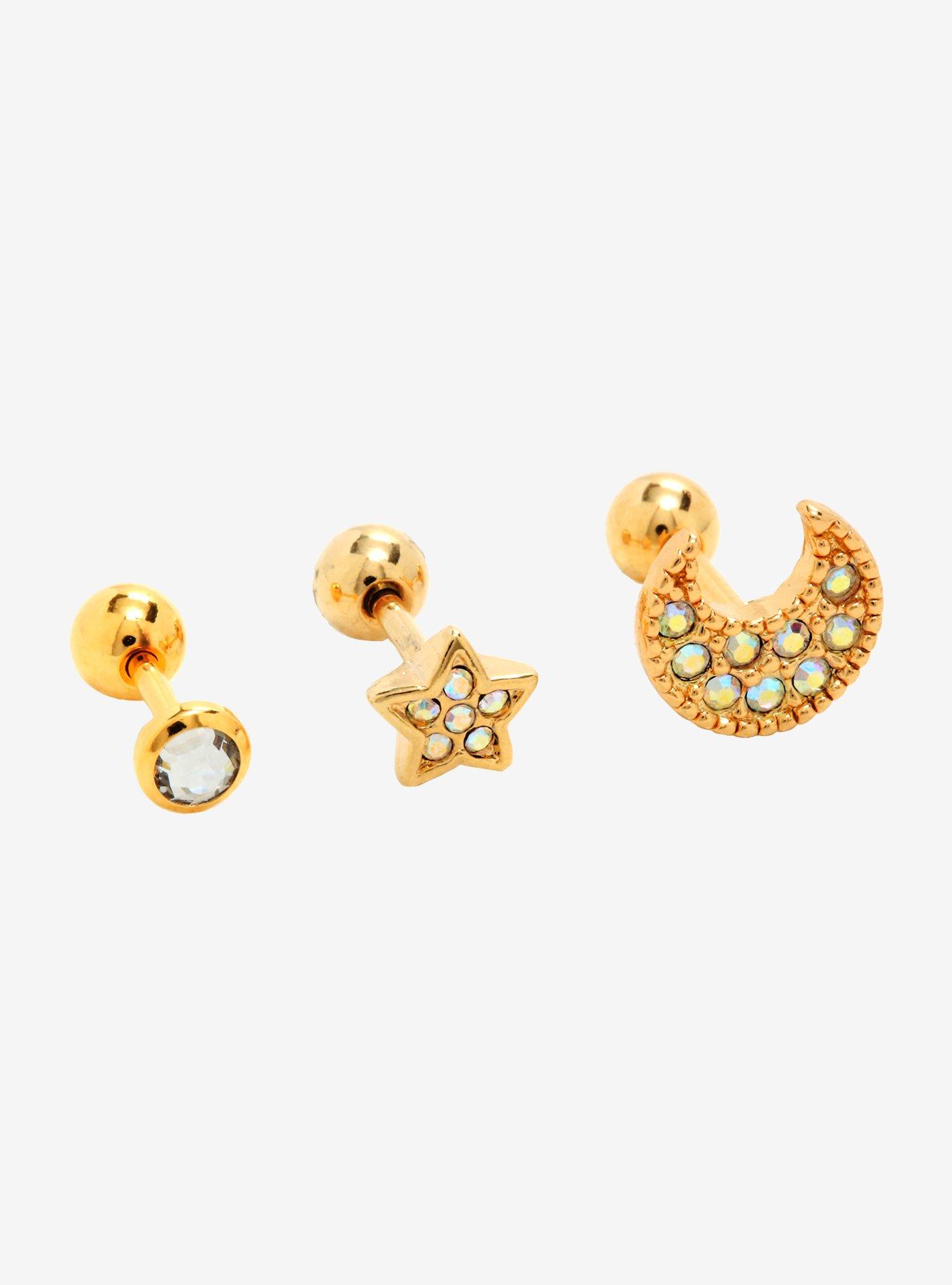 18G Steel Gold Star & Moon Cartilage Stud 3 Pack, , hi-res