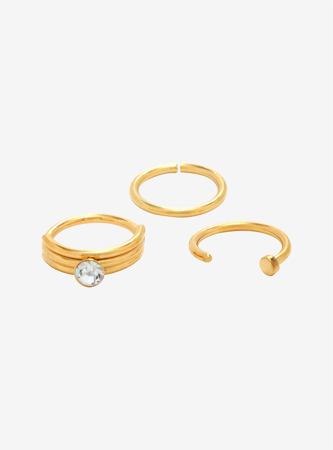 Steel Gold CZ Nose Hoop 3 Pack, GOLD, hi-res