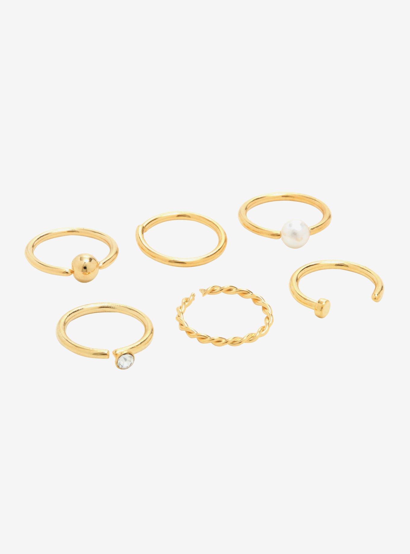 Gold Tone With Pearl Nose Hoop 6 Pack, GOLD, hi-res