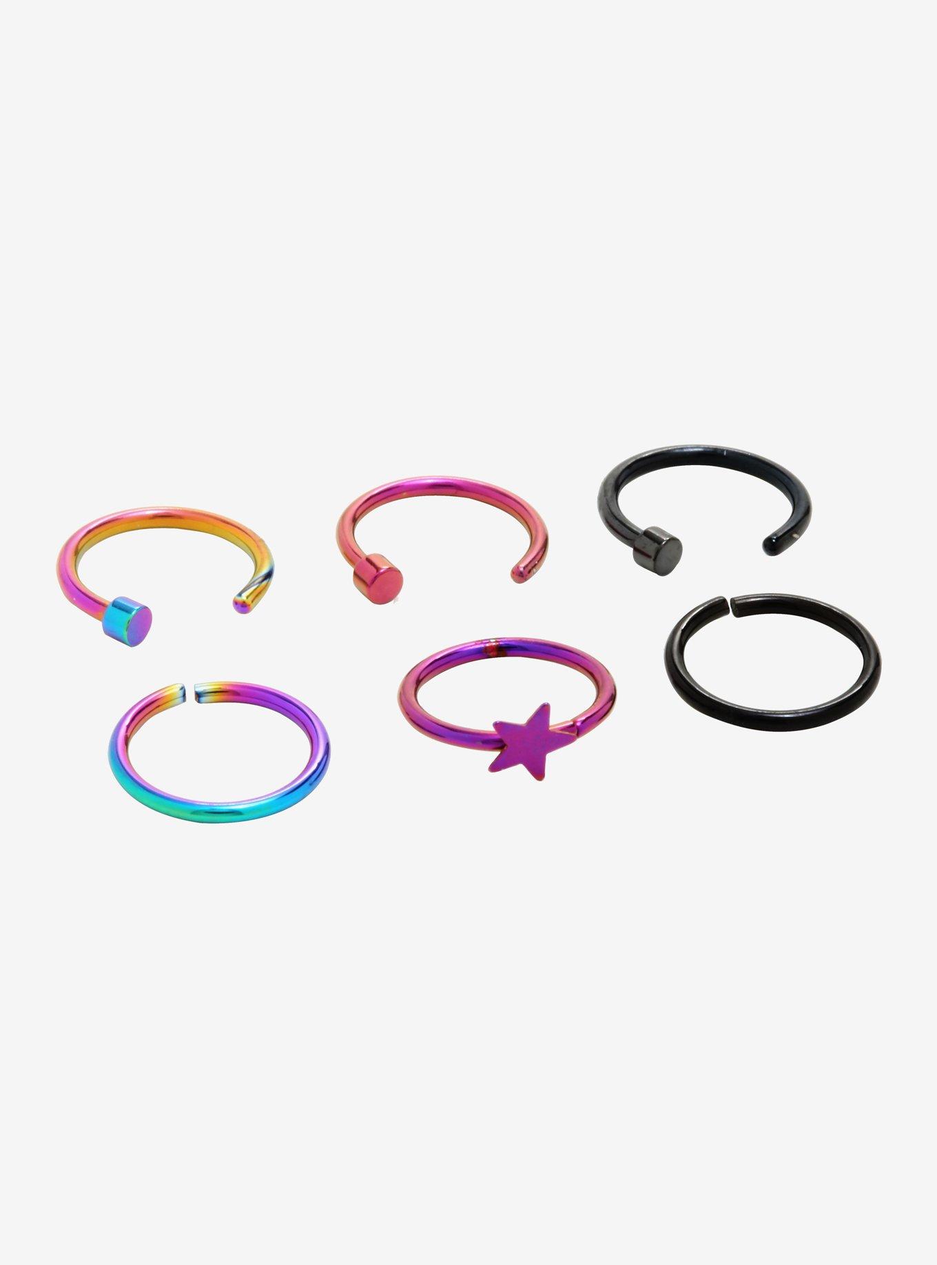 Black Pink & Rainbow Star Nose Hoop 6 Pack | Hot Topic