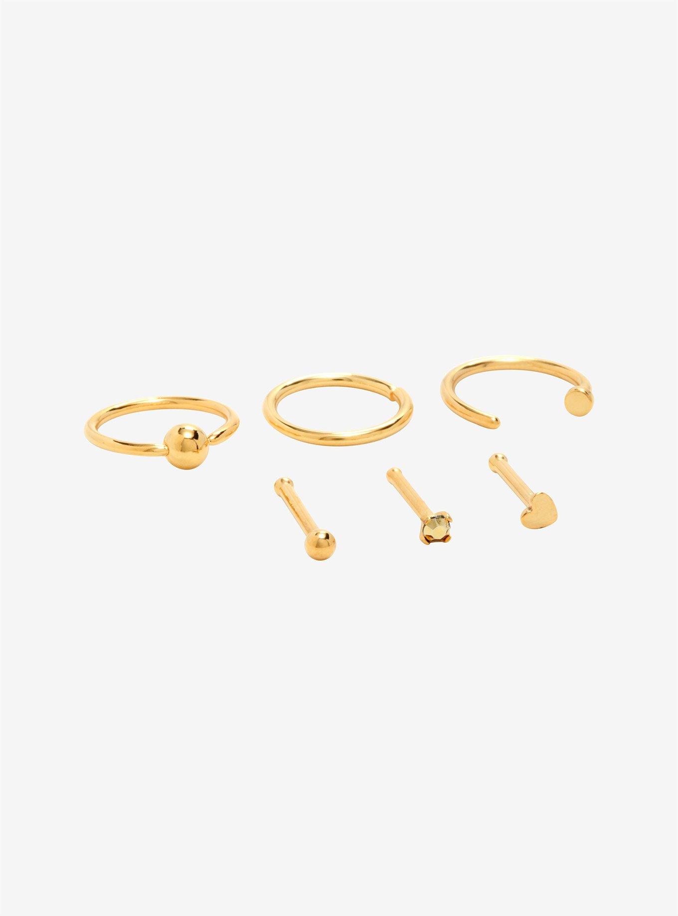 Steel Gold Hear & Yellow CZ Nose Stud & Hoop 6 Pack, GOLD, hi-res