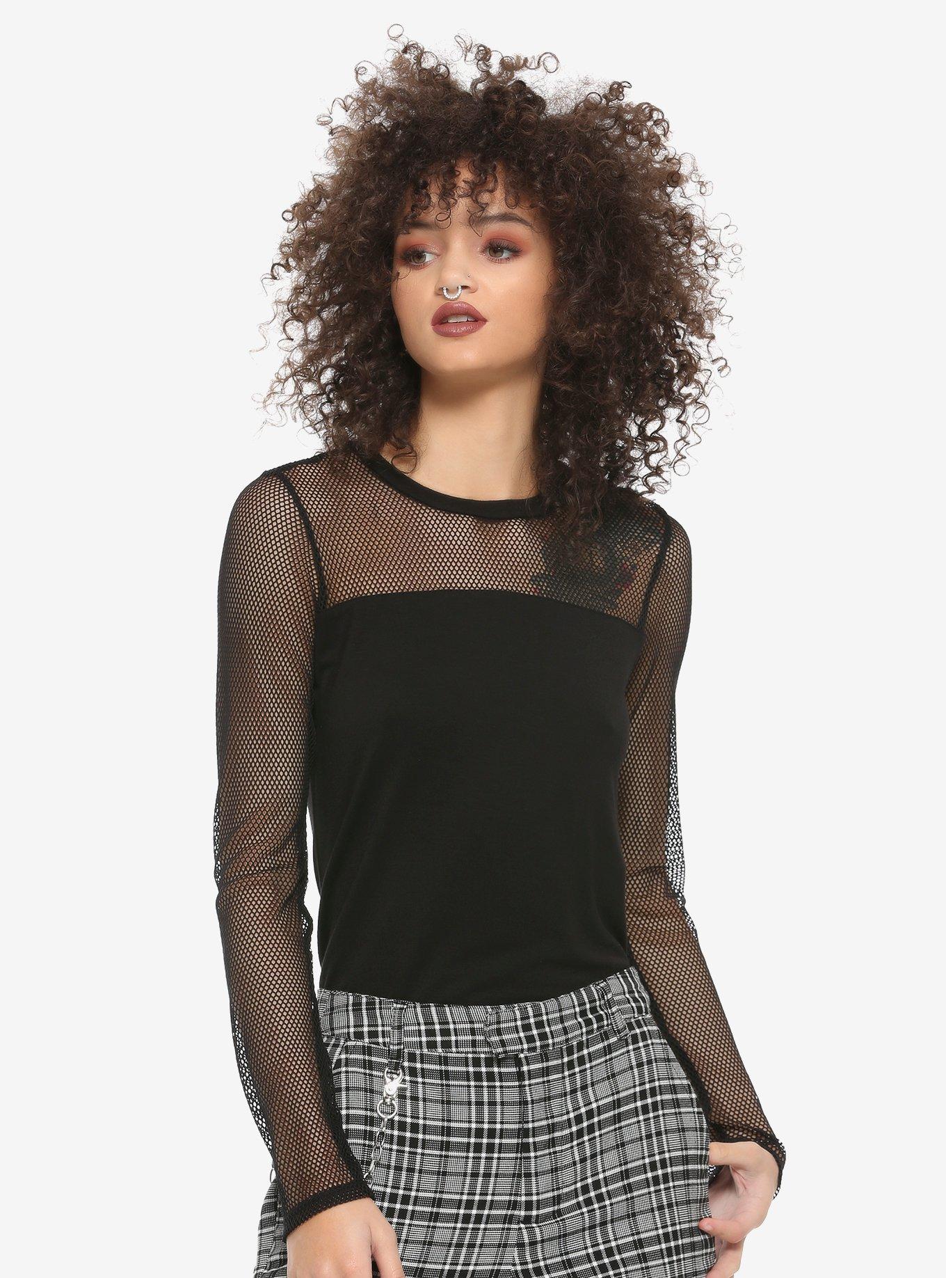 Black Mesh & Panels Long-Sleeve T-Shirt | Hot Topic