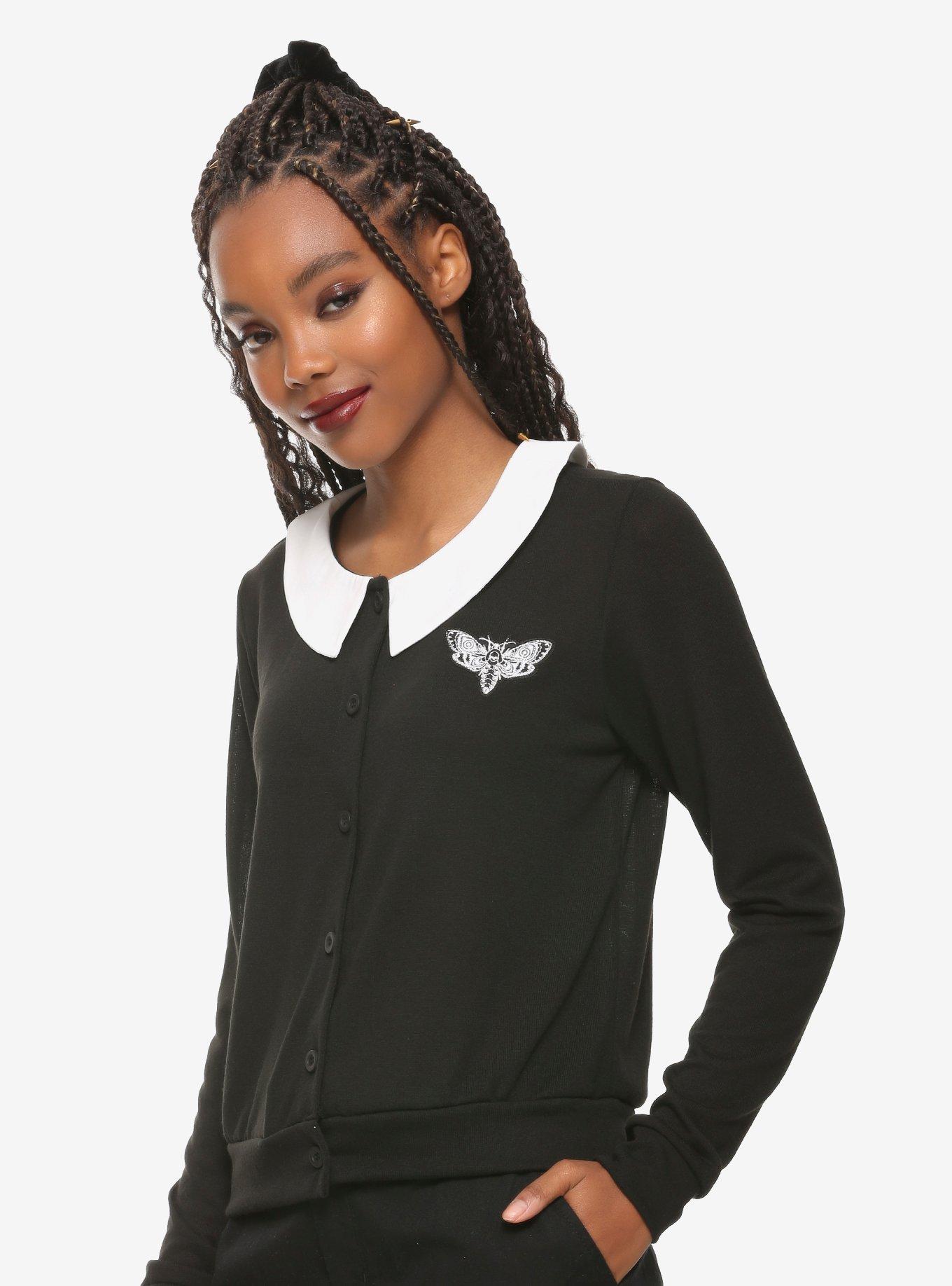 Embroidered Moth Girls Collared Black Cardigan, BLACK, hi-res