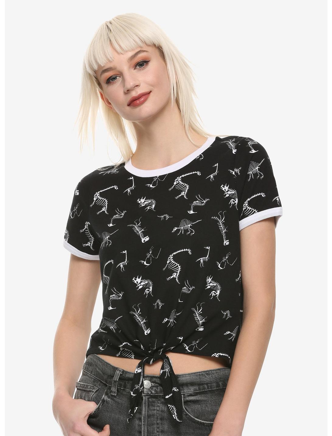 Dinosaur Skeleton Tie-Front Girls T-Shirt, BLACK, hi-res