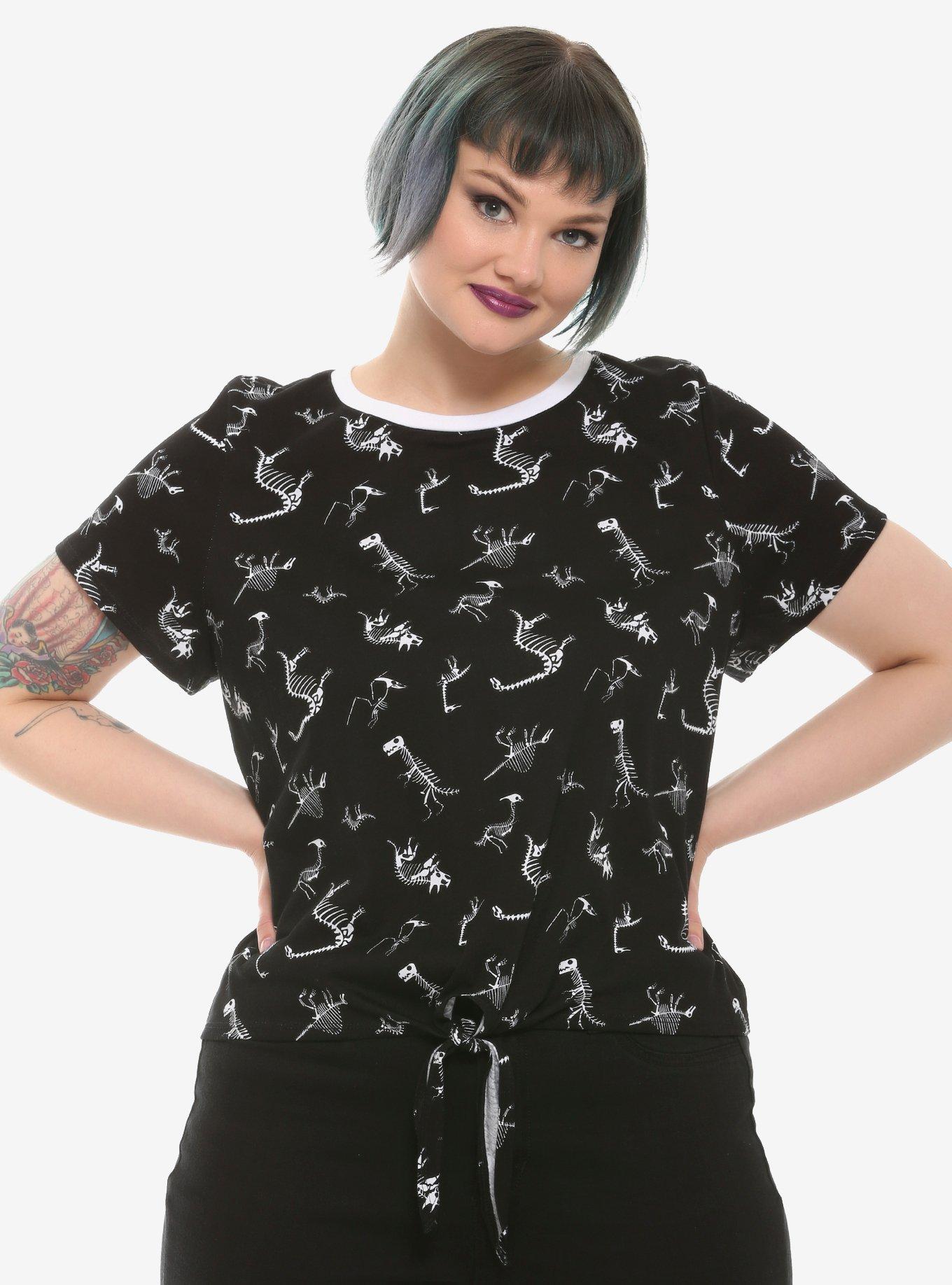 Dinosaur Skeleton Tie-Front Girls T-Shirt Plus Size, BLACK, hi-res
