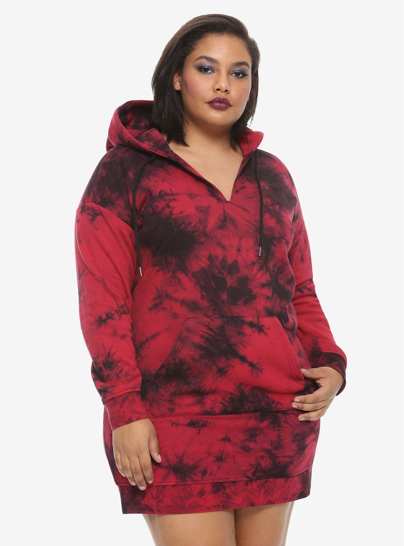 Red & Black Tie-Dye Hoodie Dress Plus Size, TIE DYE, hi-res