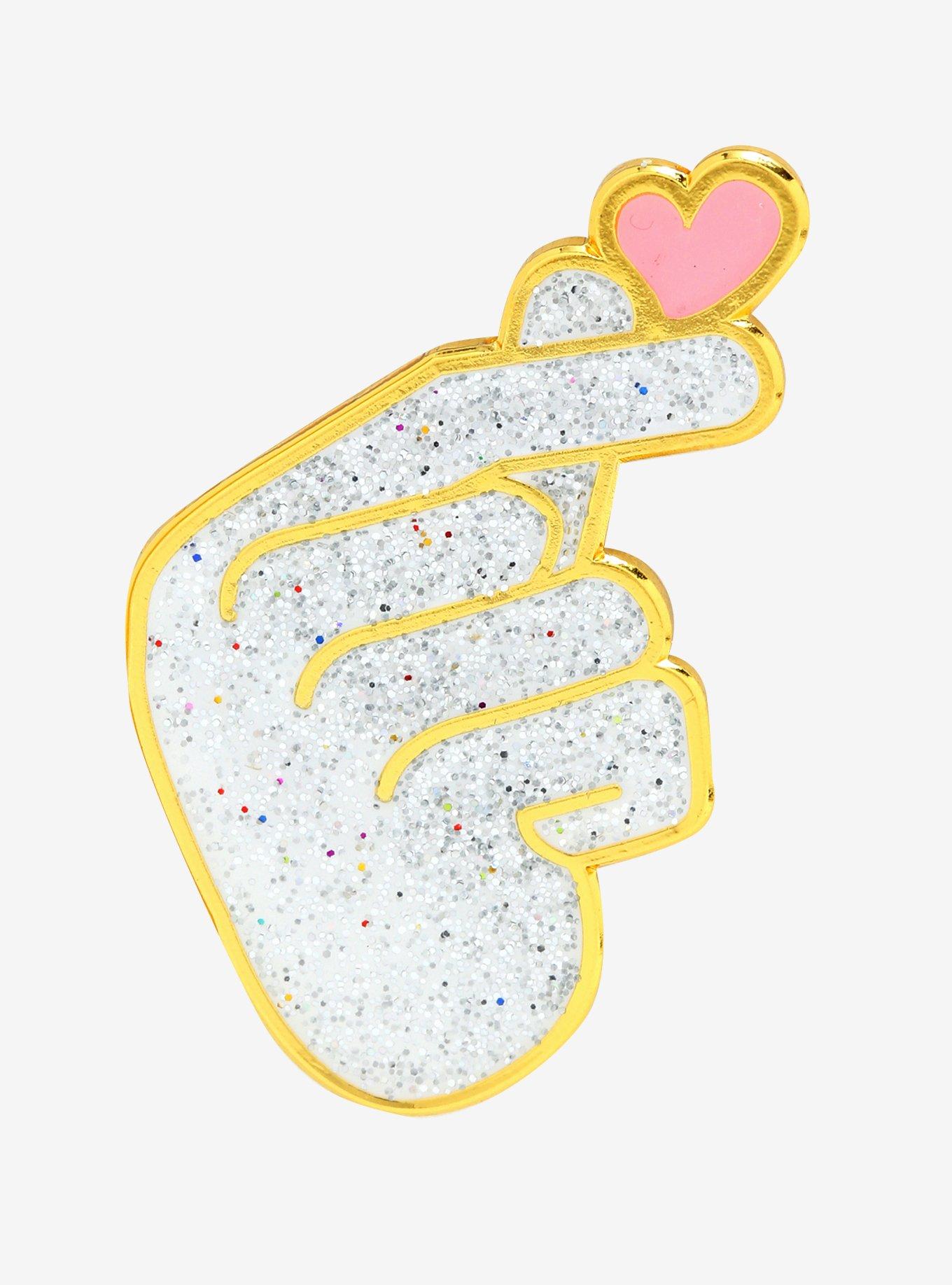 K-Pop Glitter Hand Heart Enamel Pin, , hi-res