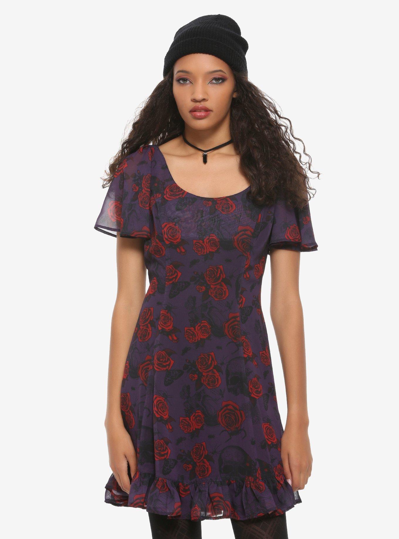 Hell Bunny Roses & Skulls Dress, FLORAL, hi-res