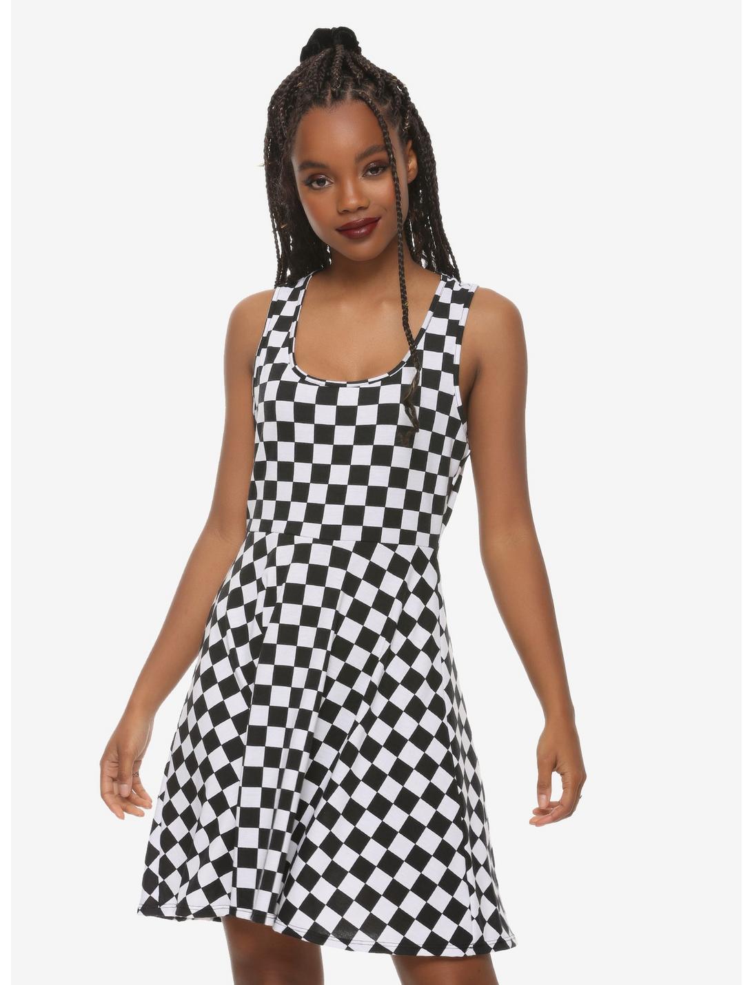 Checkered Skater Dress, BLACK  WHITE, hi-res