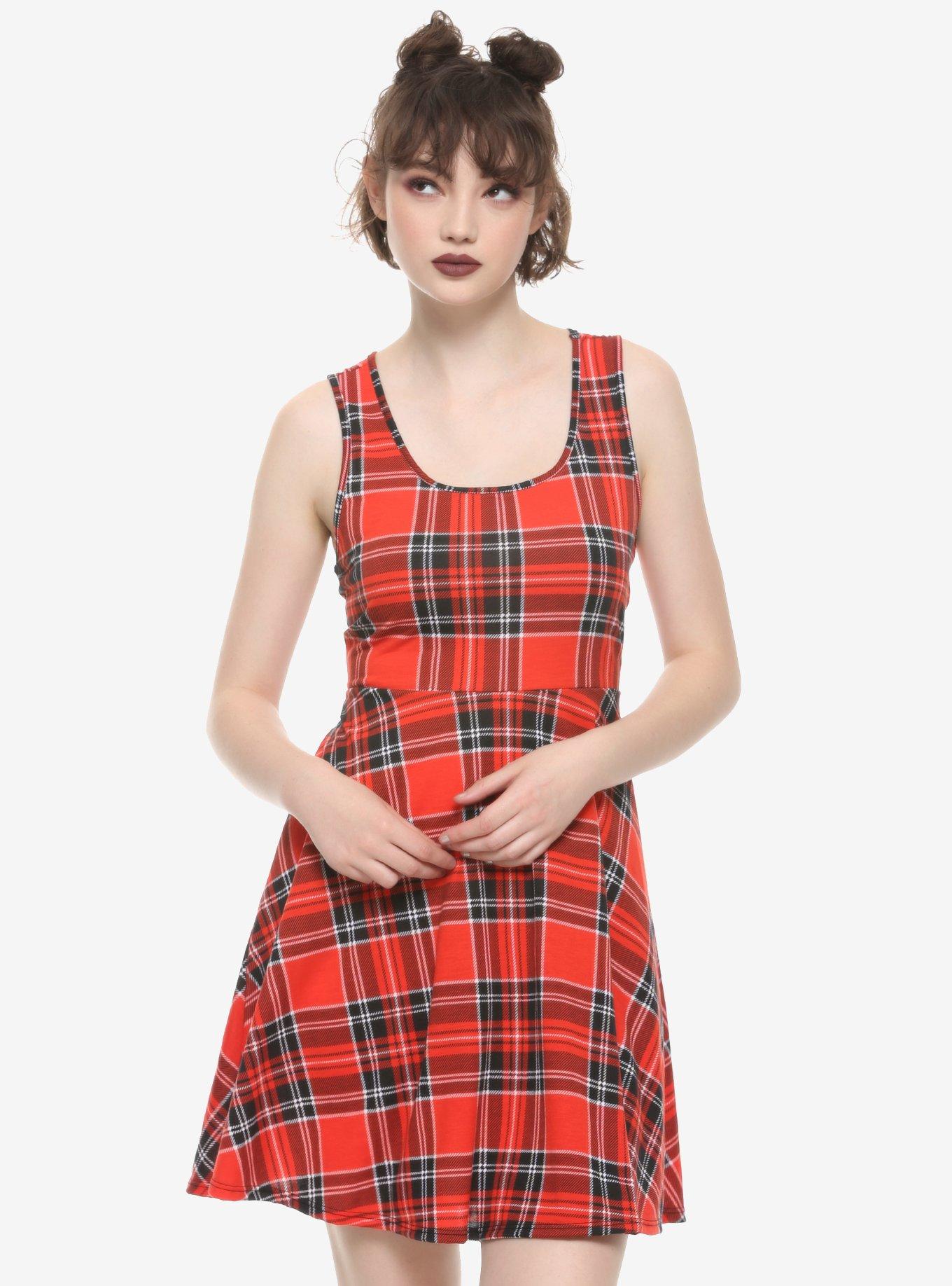 Red Plaid Skater Dress, PLAID, hi-res