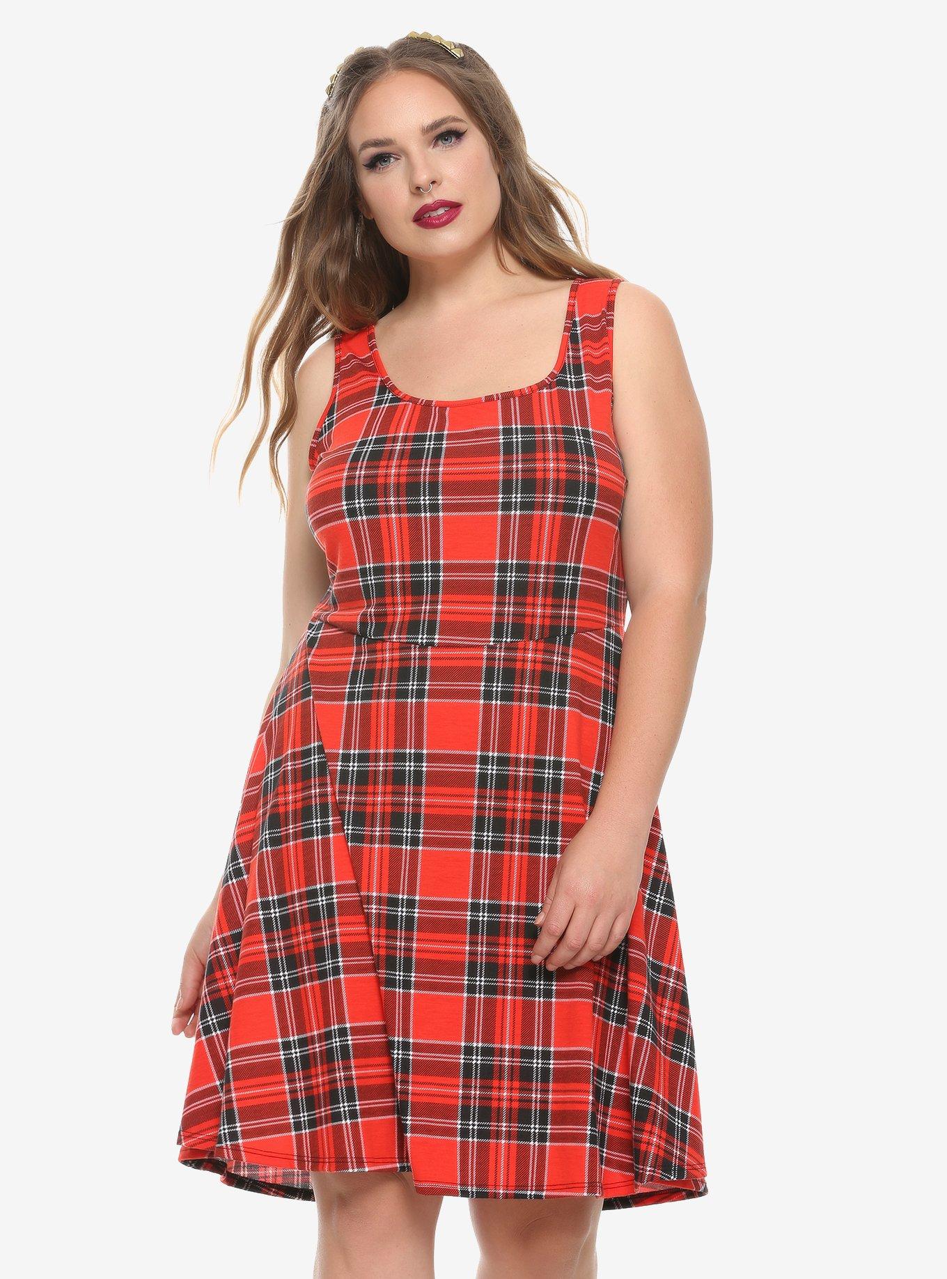 Red Plaid Skater Dress Plus Size, PLAID, hi-res