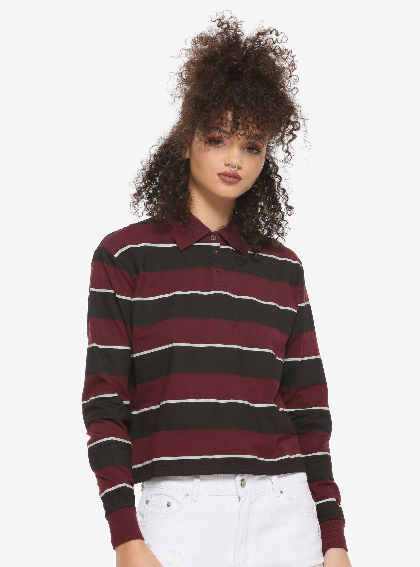 Burgundy Black & White Long-Sleeve Girls Polo Shirt, MULTI, hi-res