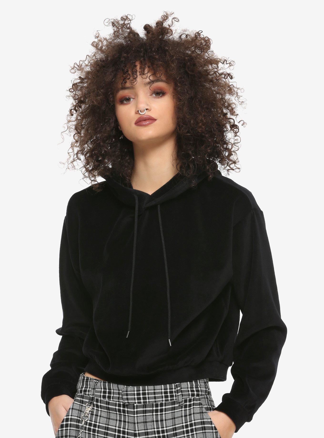 Black Velour Girls Crop Hoodie, BLACK, hi-res