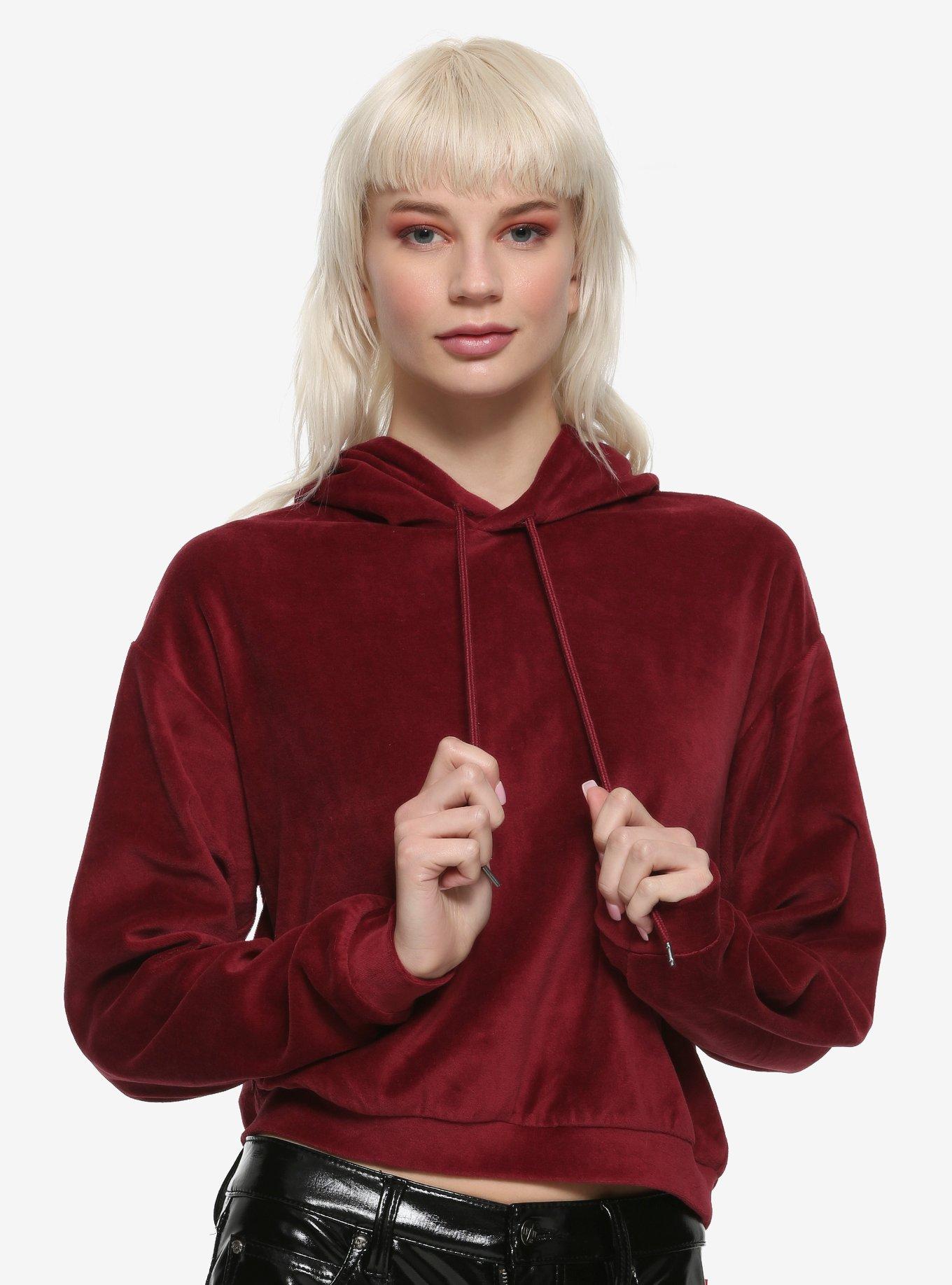 Burgundy Velour Girls Crop Hoodie, BURGUNDY, hi-res