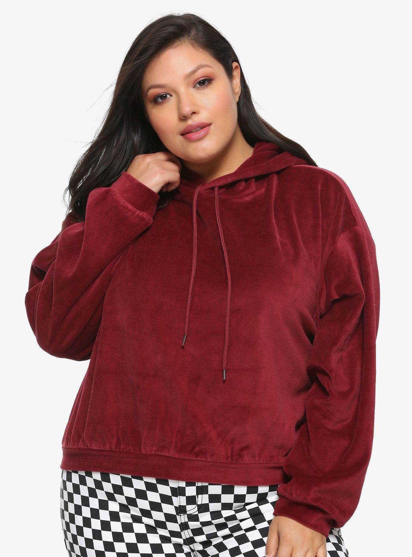 Burgundy Velour Girls Crop Hoodie Plus Size, BURGUNDY, hi-res