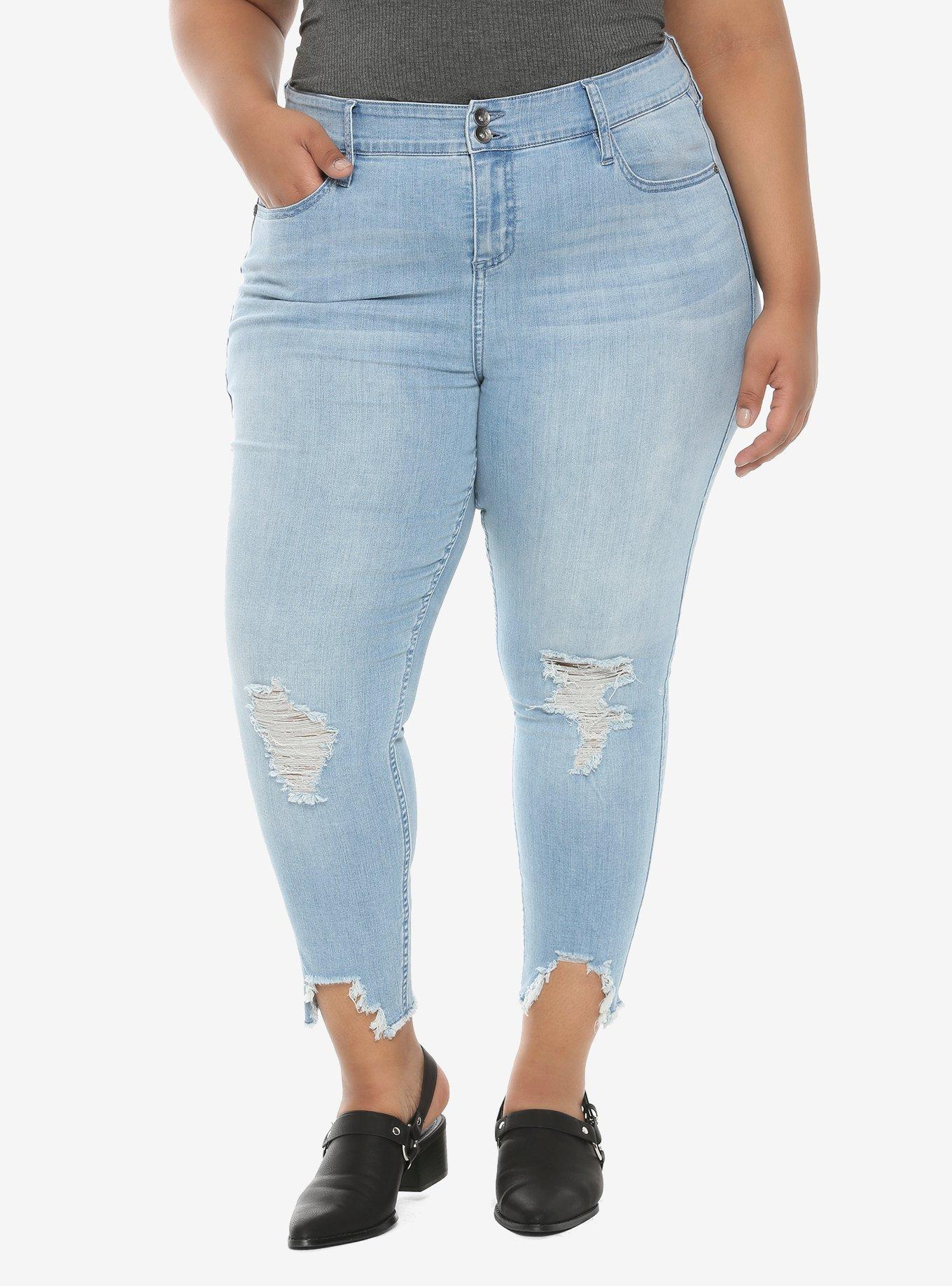 HT Denim Indigo Destructed Ultra Hi-Rise Crop Jeggings Plus Size, INDIGO, hi-res