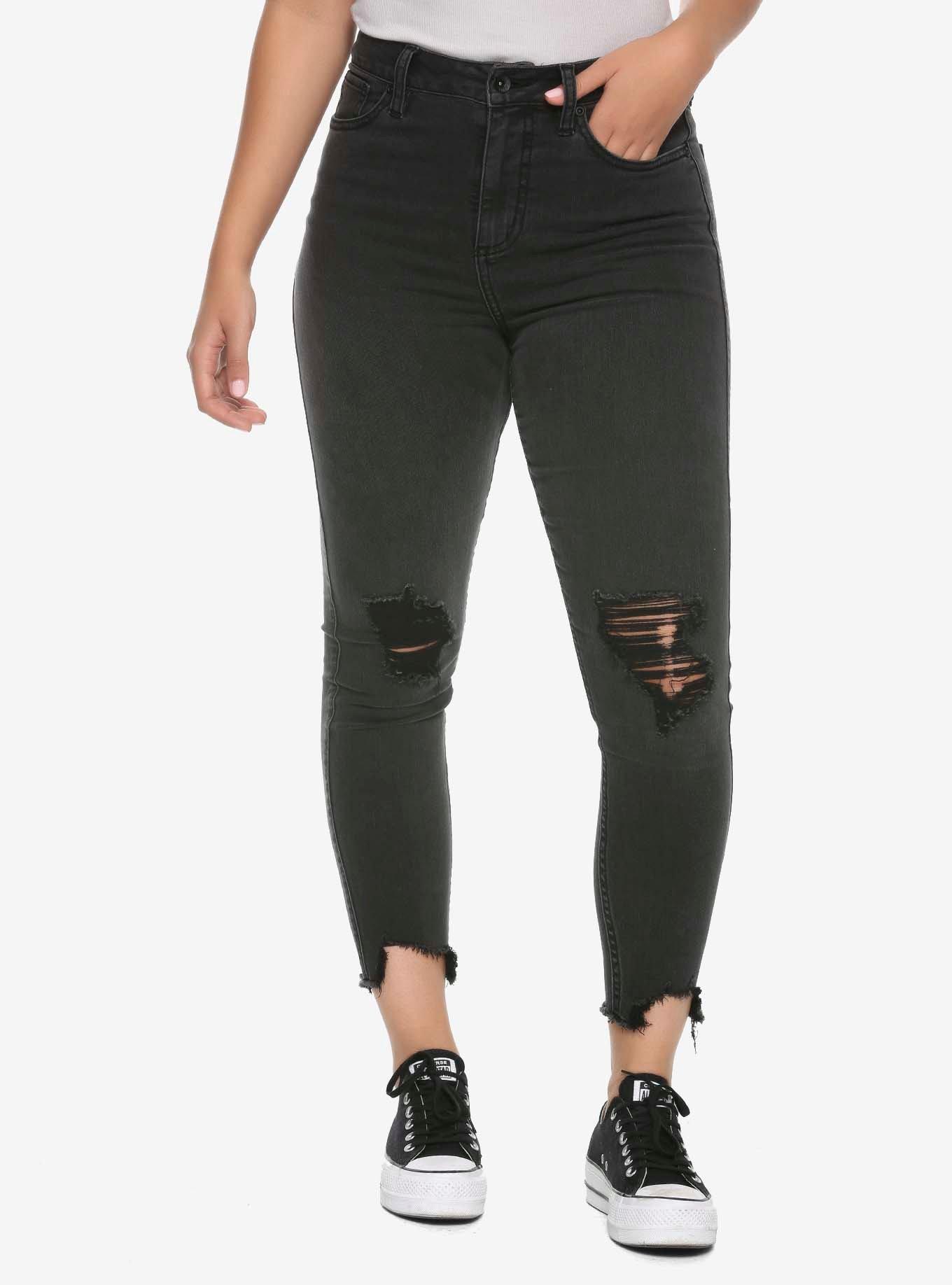 HT Denim Black Destructed Ultra Hi-Rise Crop Jeggings, BLACK, hi-res