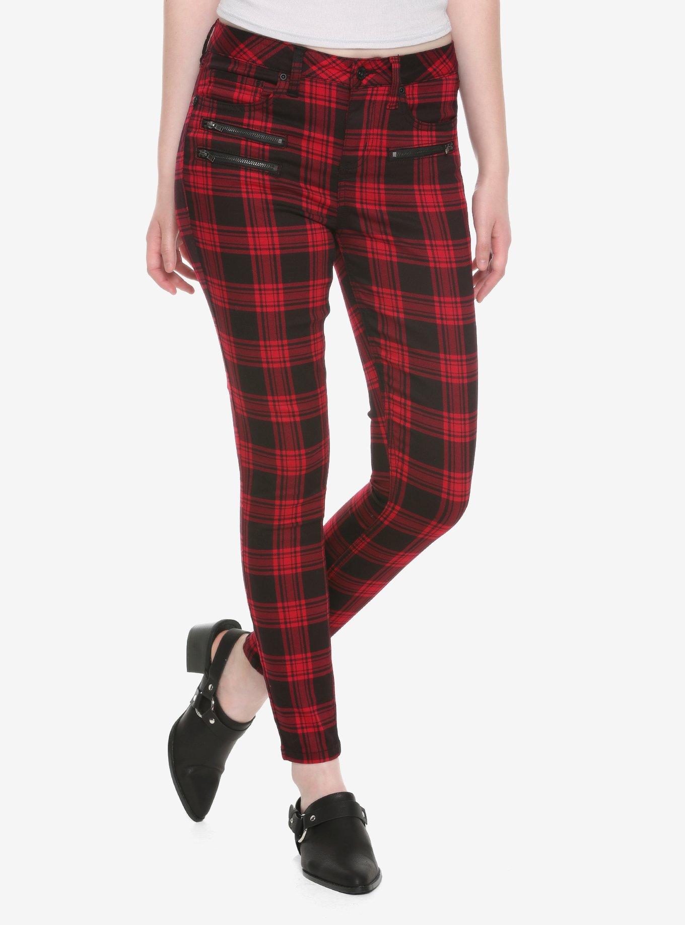 Red Slim Tartan Trousers Skinny Stretch Plaid Pants Check Jeans