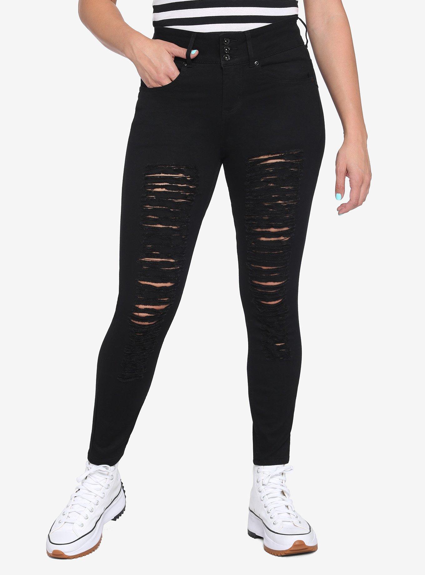 HT Denim Black Destructed Hi-Rise Super Skinny Jeans | Hot Topic