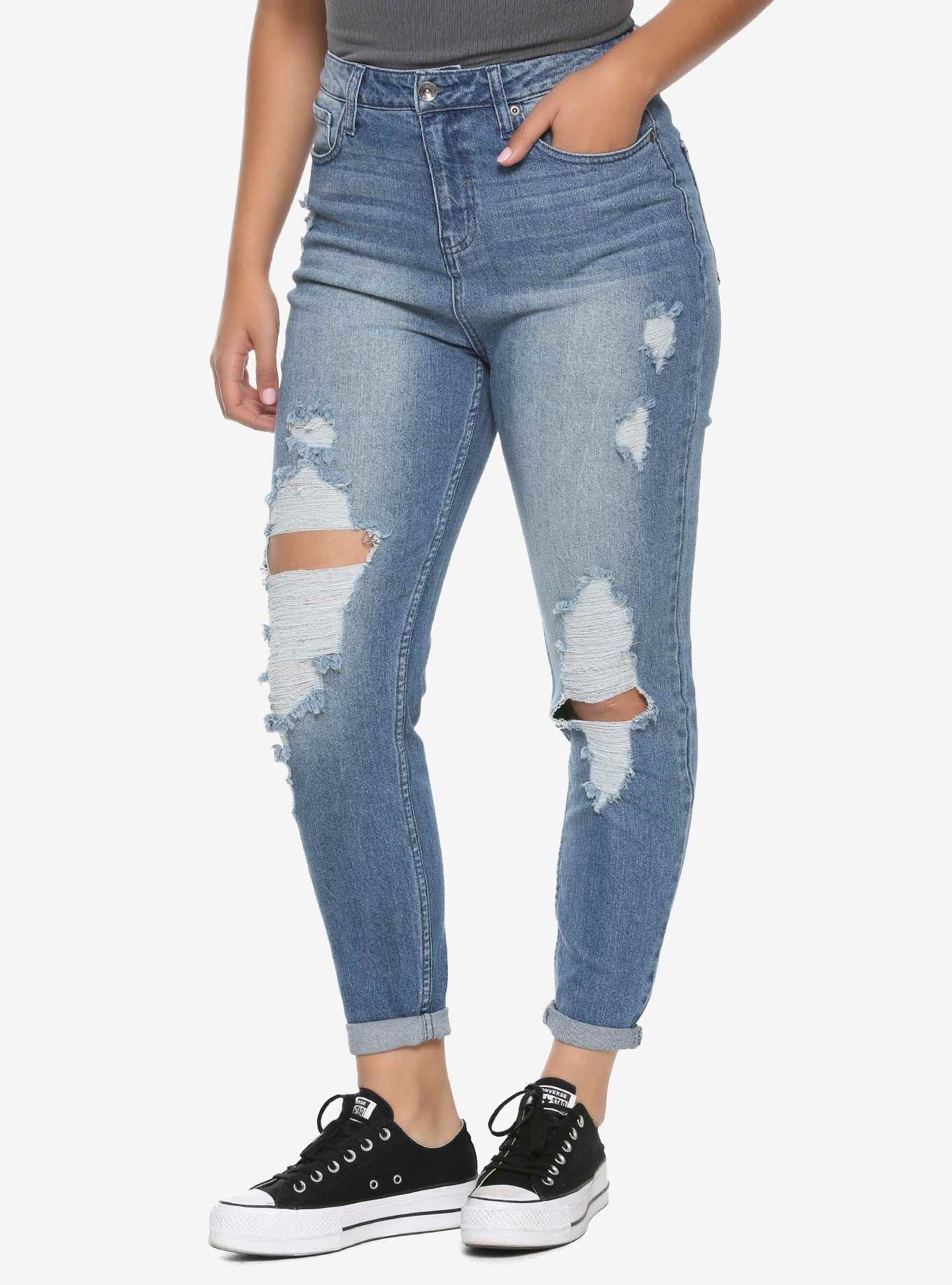 HT Denim Indigo Destructed Mom Jeans, INDIGO, hi-res