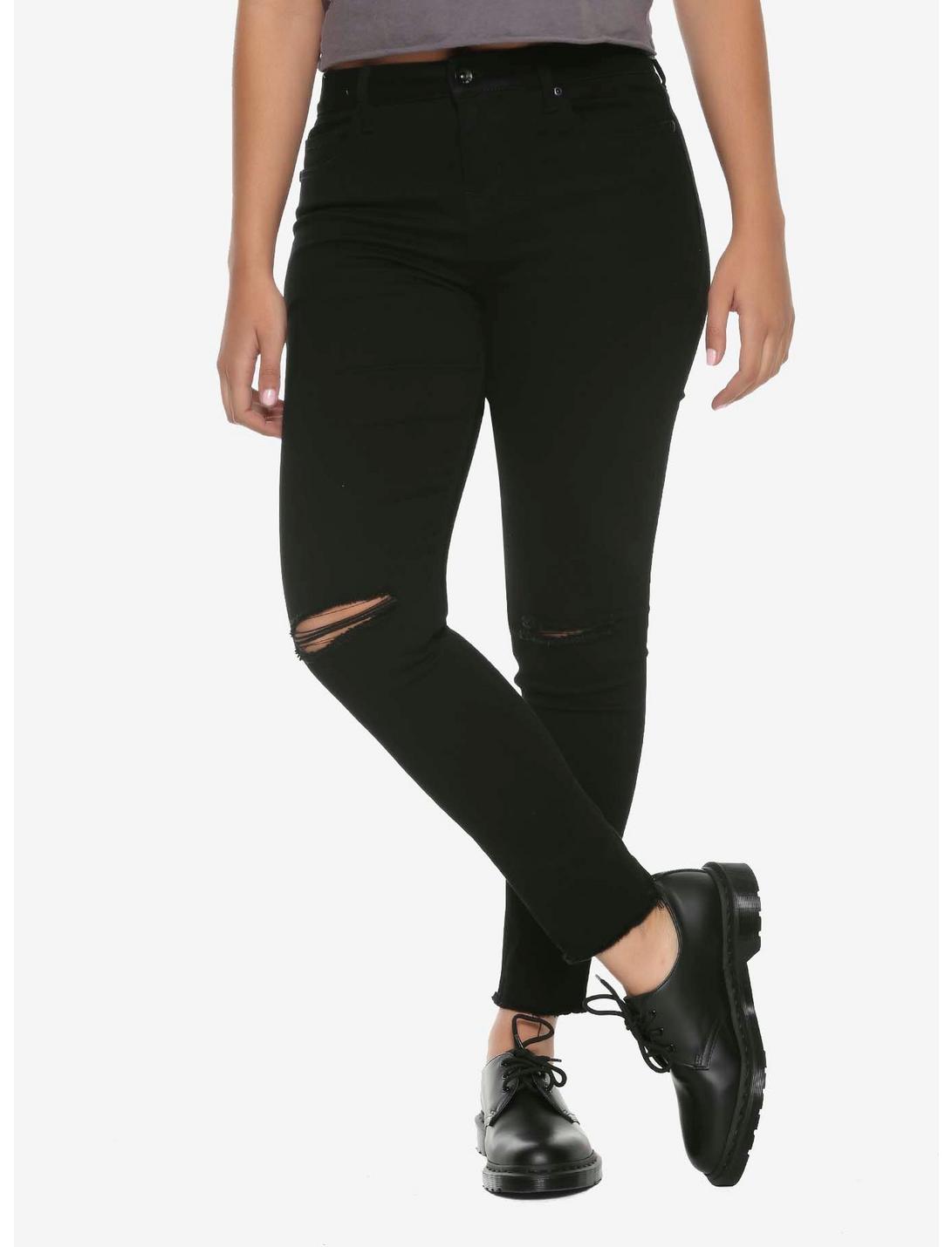 HT Denim Black Knee Slits Low-Rise Skinny Jeans, BLACK, hi-res
